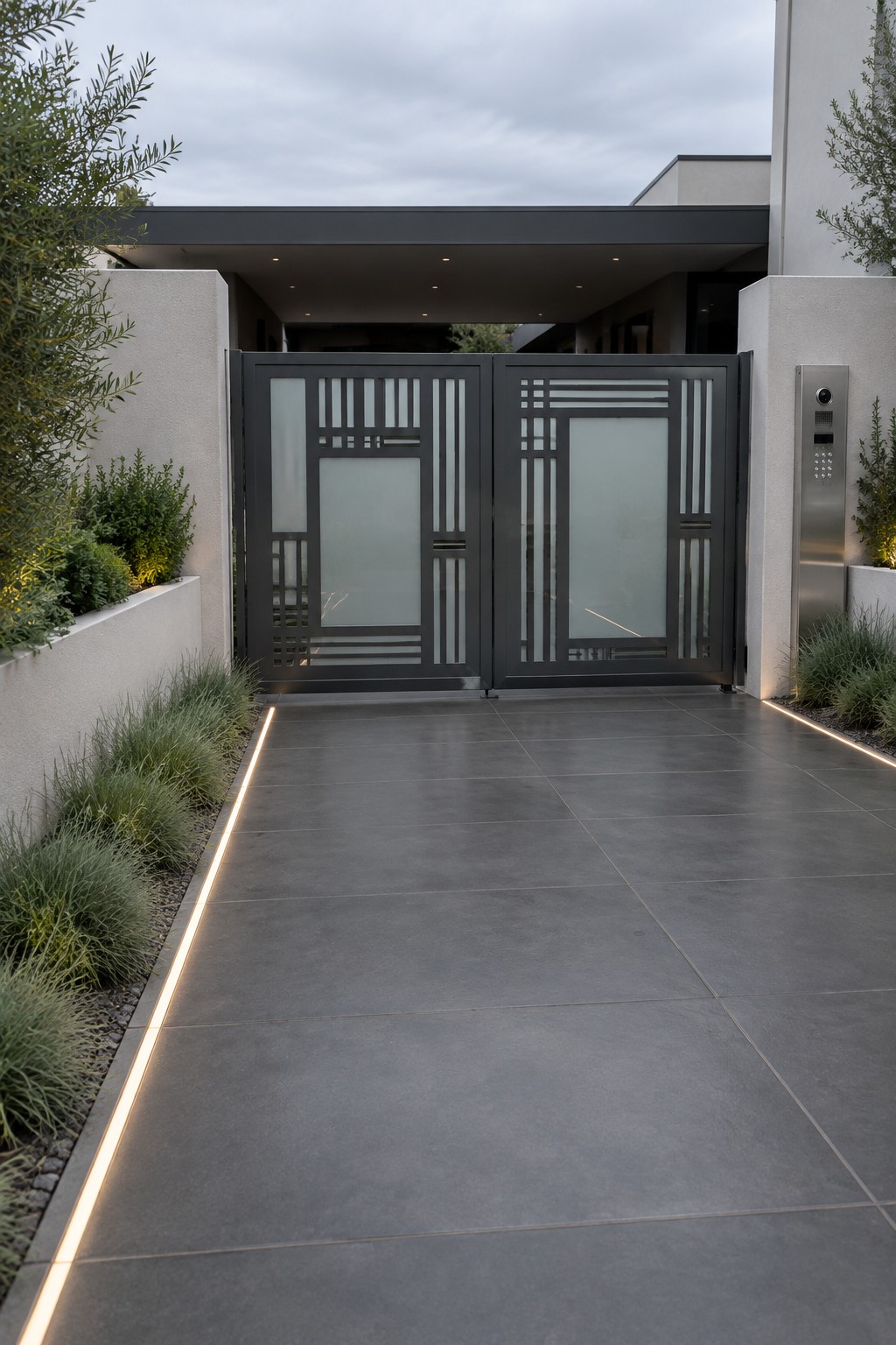 A modern dark metal double driveway gate with geometric cutouts and frosted panels stands at the end of a paved driveway lined with LED strip lighting.