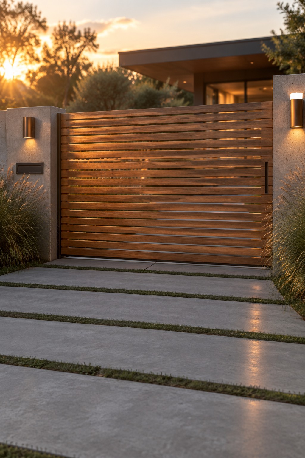A modern horizontal wooden slat driveway gate installed between concrete pillars with wall lights, viewed from a paved walkway at sunset.