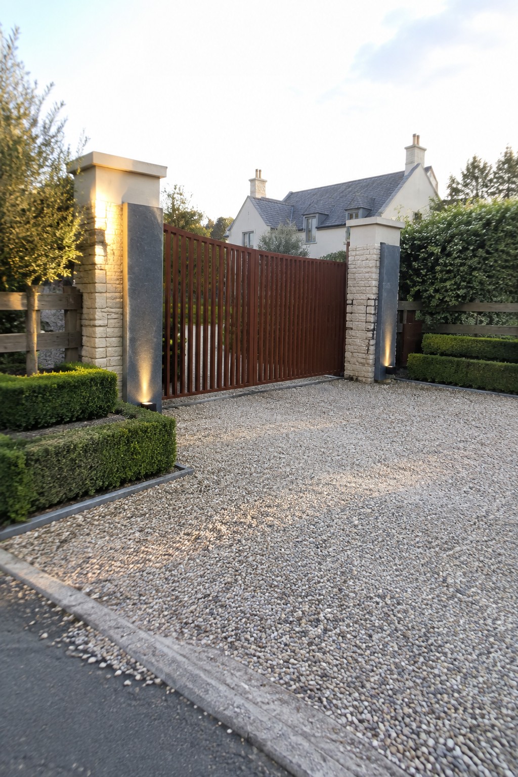 Brown slatted gate between illuminated stone pillars on gravel driveway