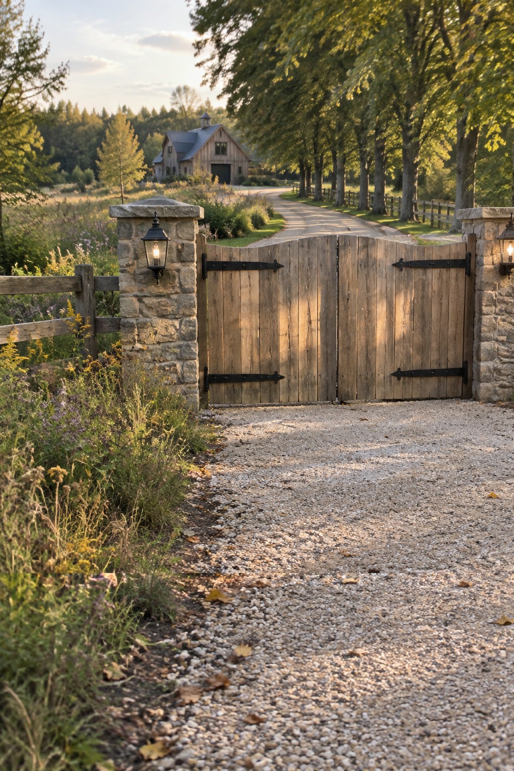 Rustic wooden gate between stone pillars on gravel path to barn at sunset.