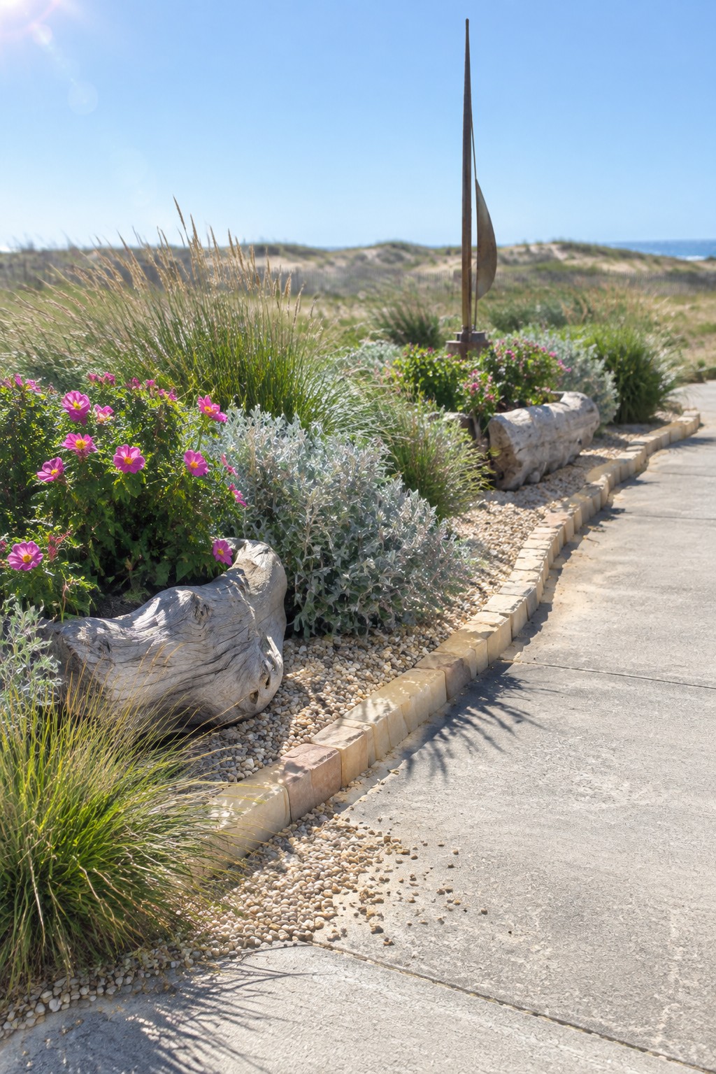 A narrow garden border runs beside a concrete path with pink flowers, silvery foliage, grasses, gravel, brick edging, and large weathered driftwood logs placed along the bed.