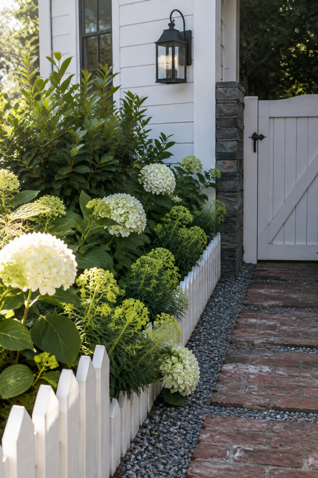 A narrow garden bed edged with a white picket fence holds white hydrangeas and green shrubs beside a brick path next to a house wall and gate.