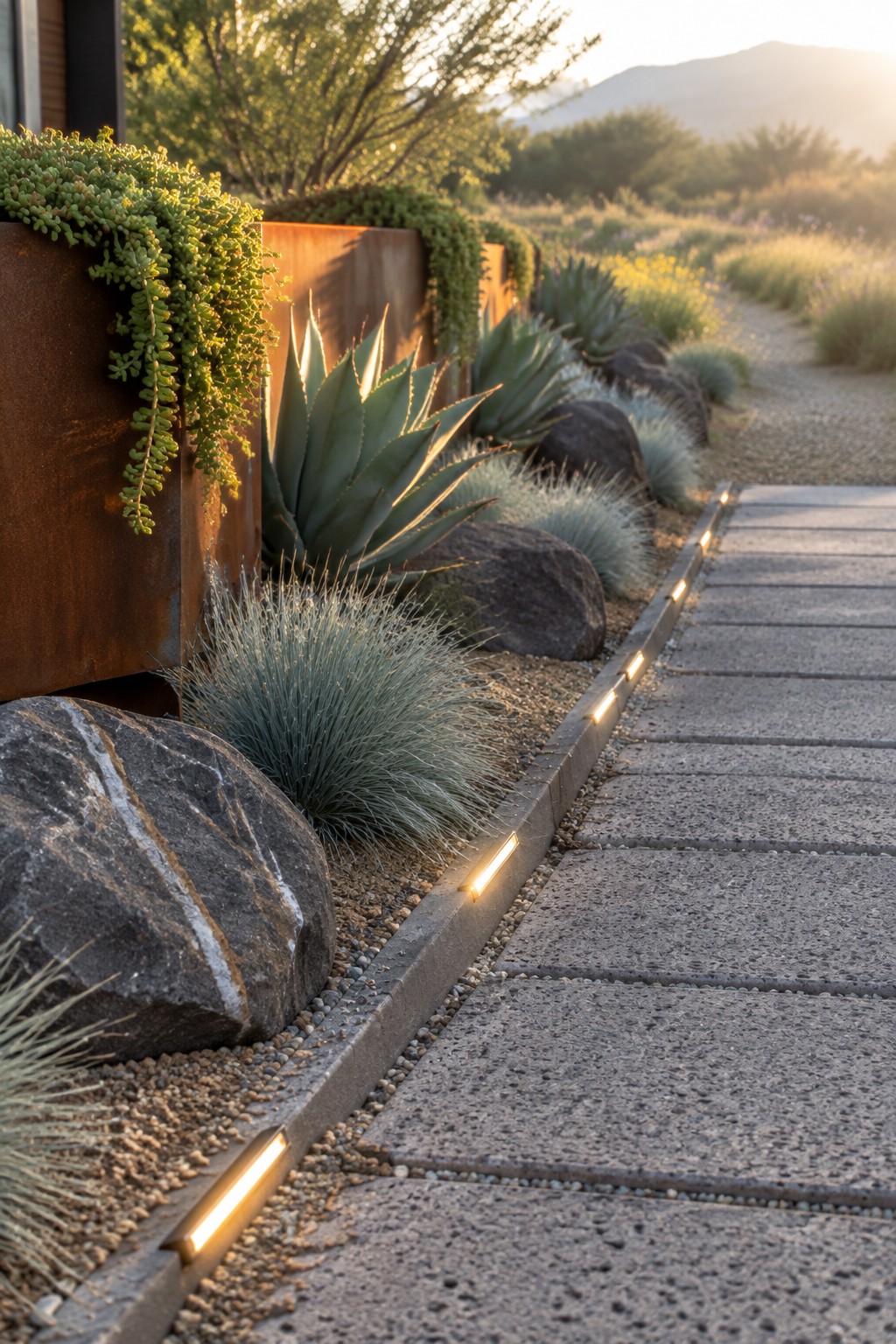 A narrow driveway border with glowing linear lights set into the edging, surrounded by rocks, agave plants, ornamental grasses, and trailing succulents in a rusted metal planter.