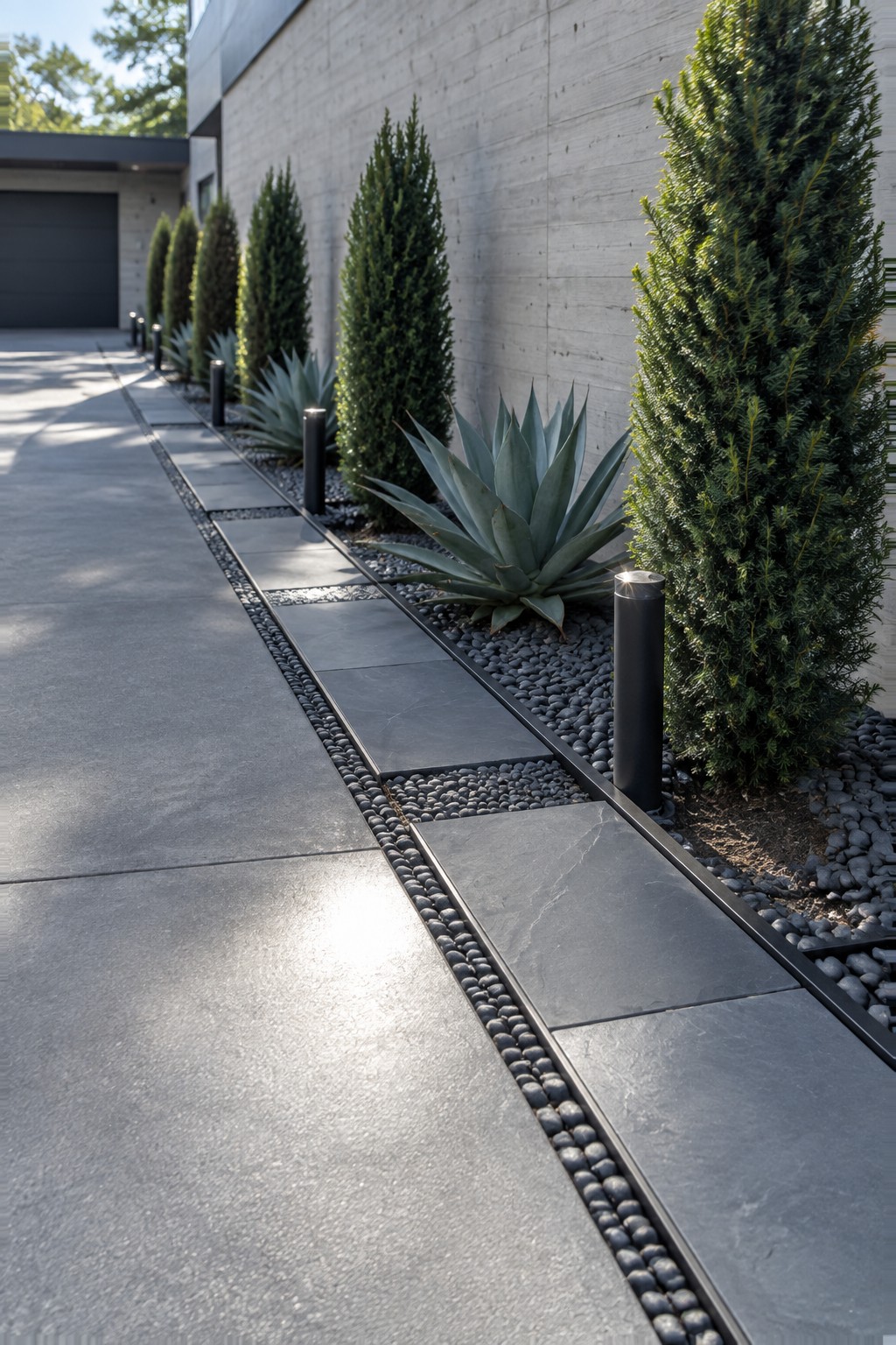 Modern paved walkway with gray tiles, black lights, gravel beds, agaves and tall evergreens.