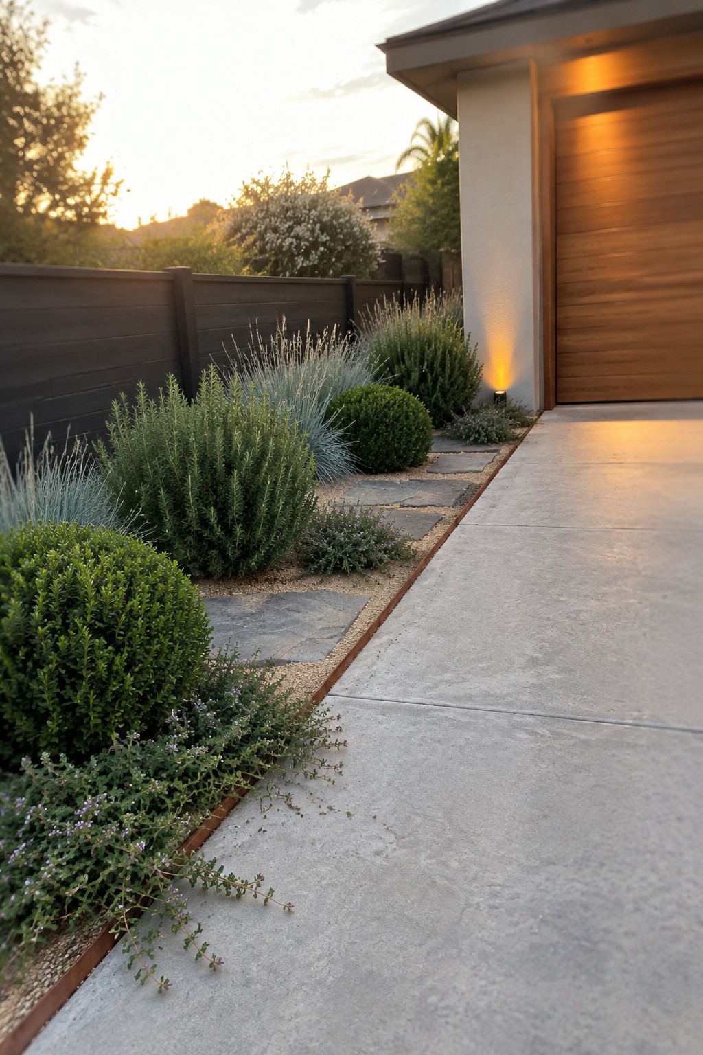 Modern house with wooden garage, lush garden bed and stone path at sunset.