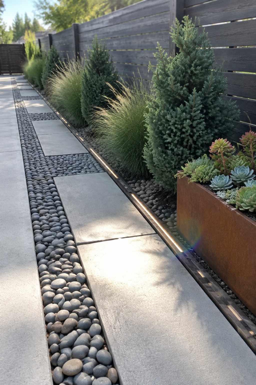 Modern walkway with pavers, pebbles, LED lights, evergreens, and succulent planter by wooden fence.