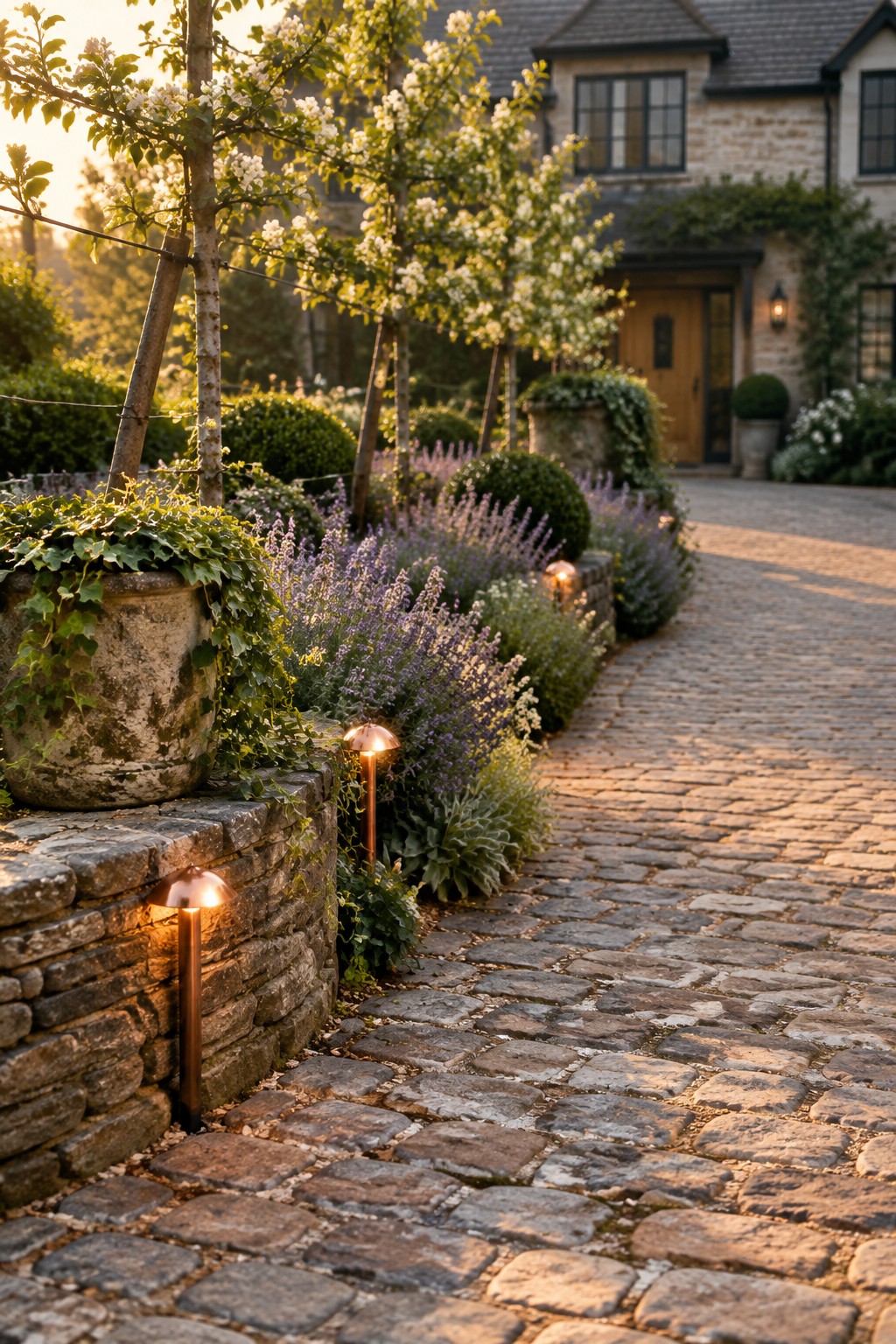 Cobblestone path with glowing lights, lavender blooms, and flowering trees to stone house