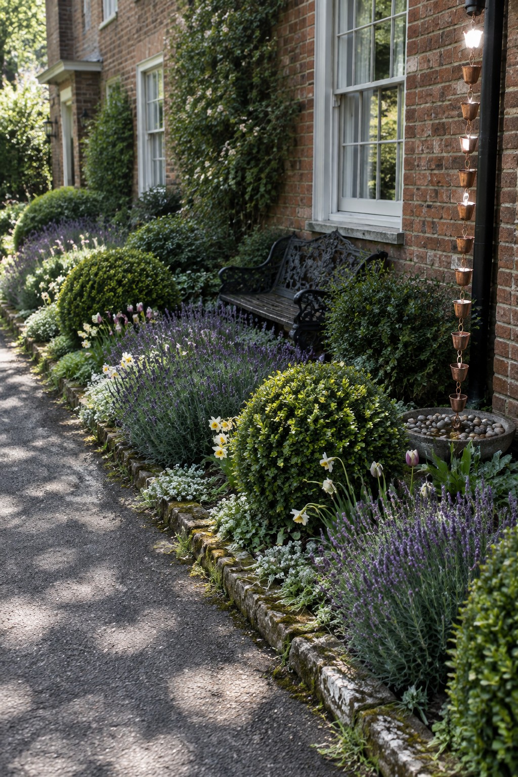 A narrow garden bed edged with mossy stones runs along a gravel path beside a brick house, planted with lavender, round shrubs, and spring flowers.