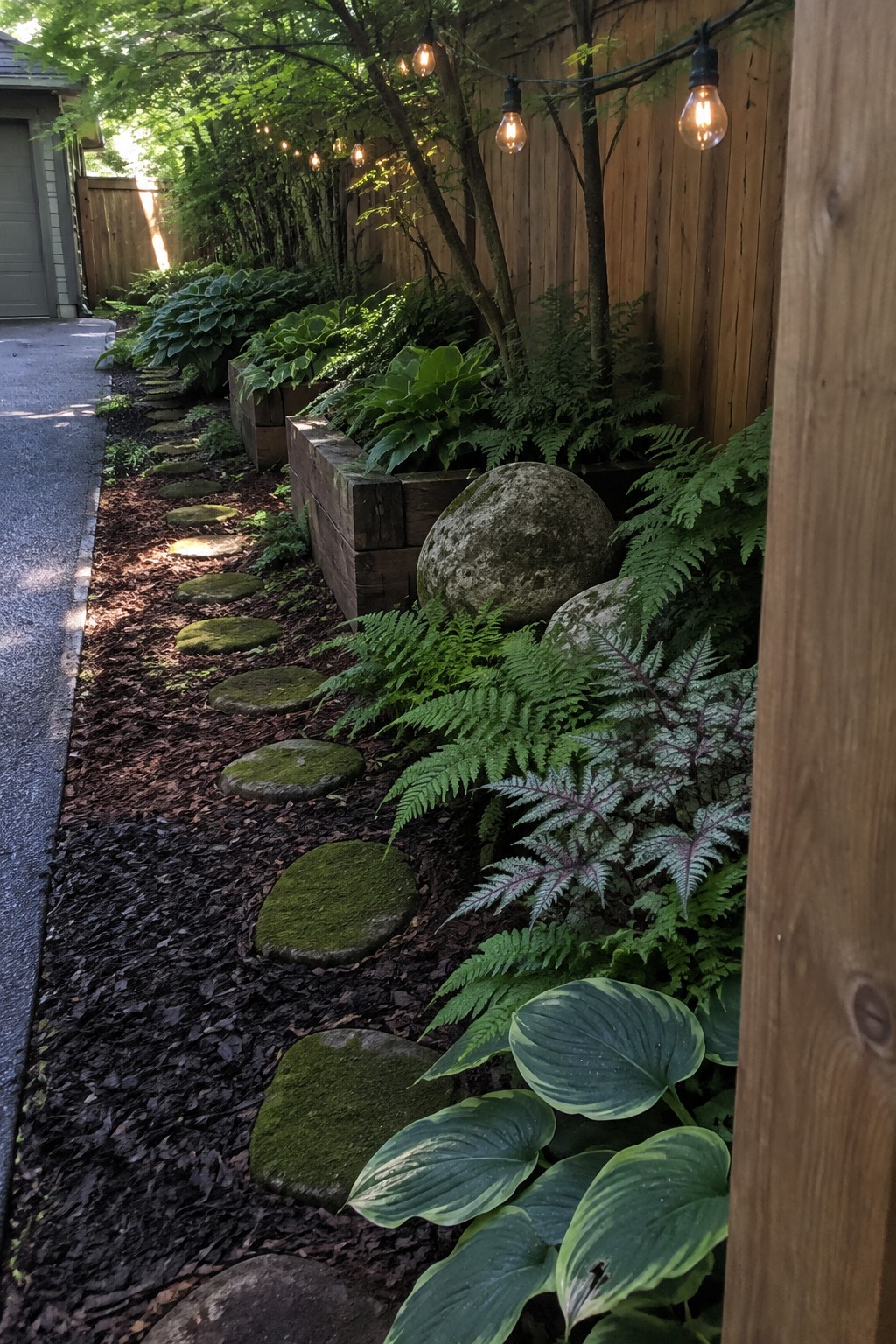 Mossy stepping stones wind past wooden planters, ferns, and glowing string lights