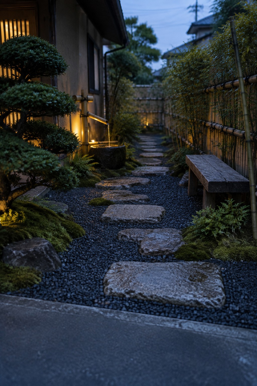 Stone path winds through twilight Japanese garden past bamboo fountain and wooden bench.