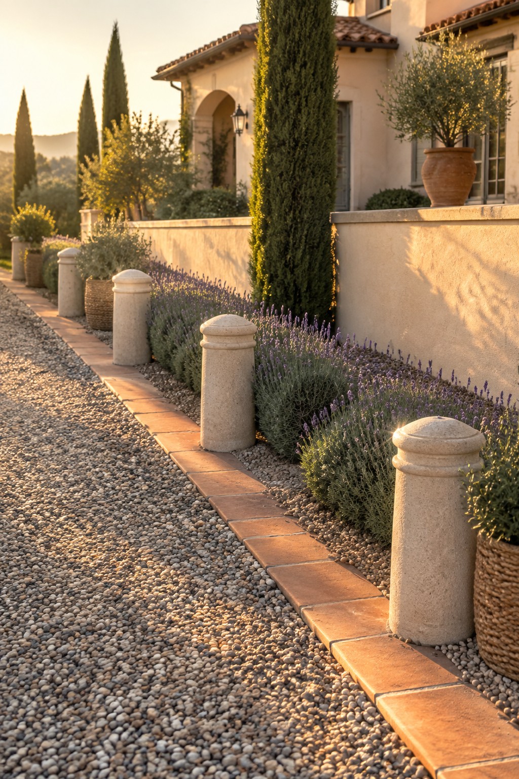 Gravel driveway bordered by terracotta pavers, stone bollards, and lavender planting beside a stucco wall.