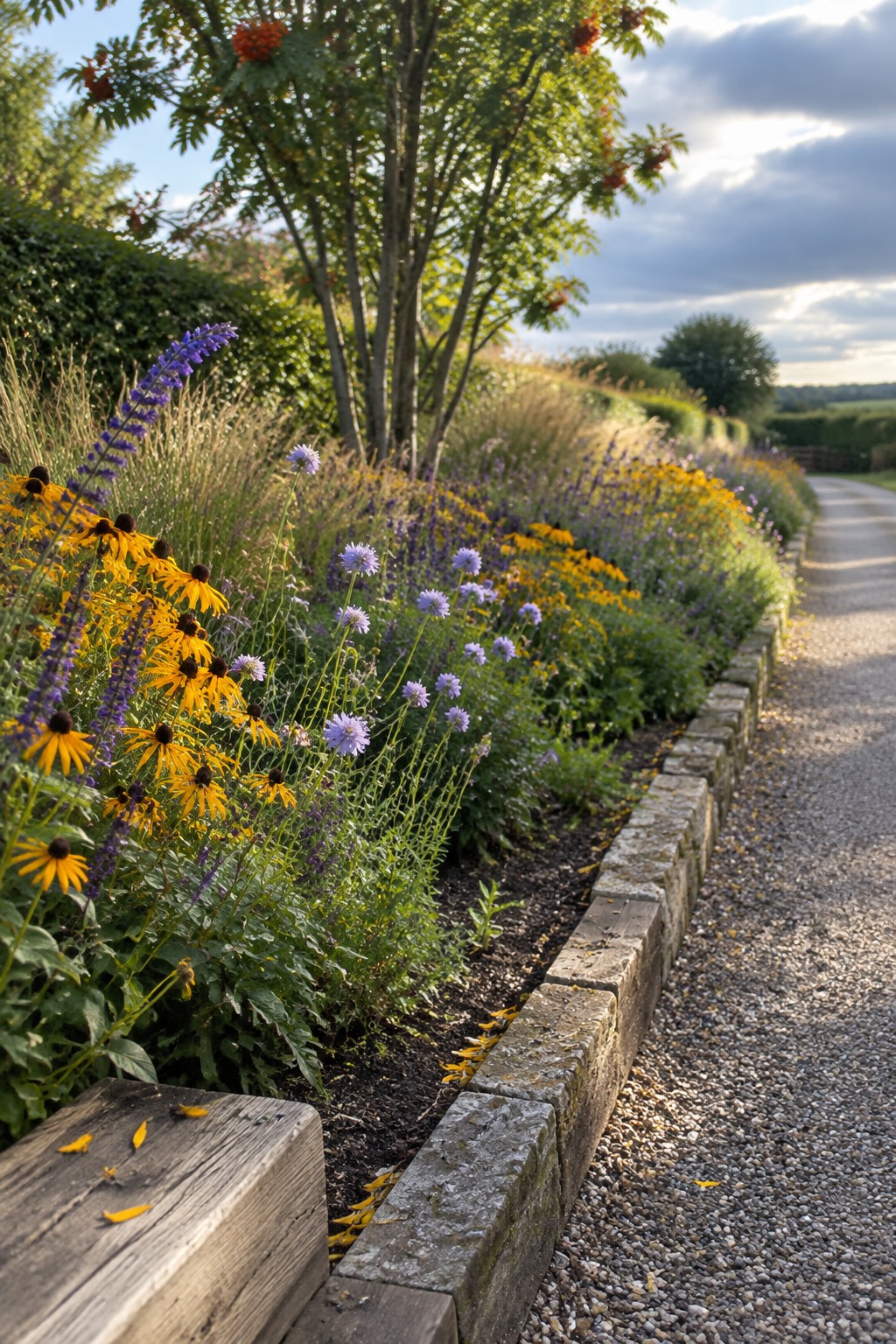 Vibrant yellow, orange, and purple flowers border a stone-edged gravel path