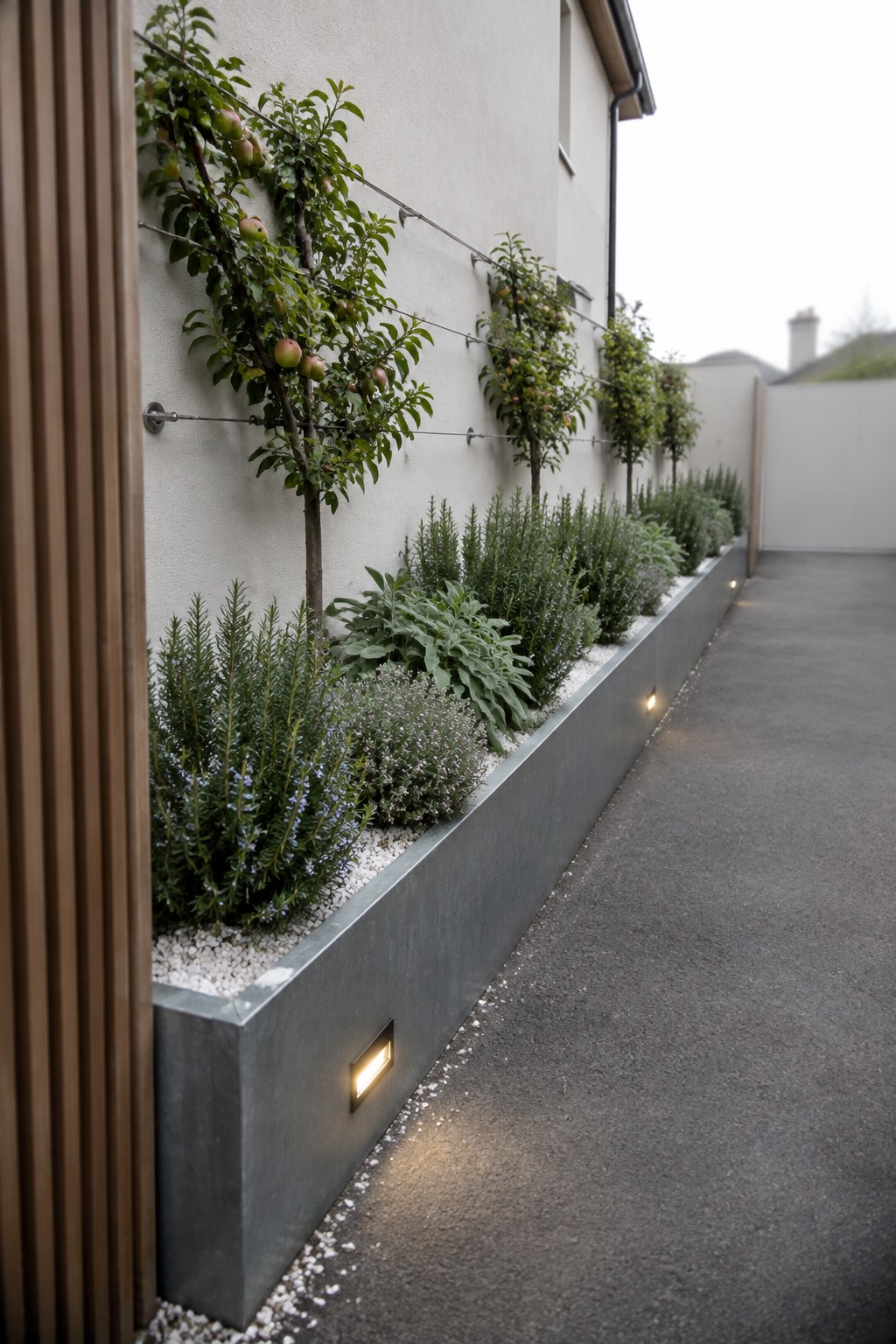 Narrow raised planter along a house wall holds espaliered fruit trees on horizontal wires above low green shrubs and ground cover, with recessed lights in the concrete edge beside a paved path.