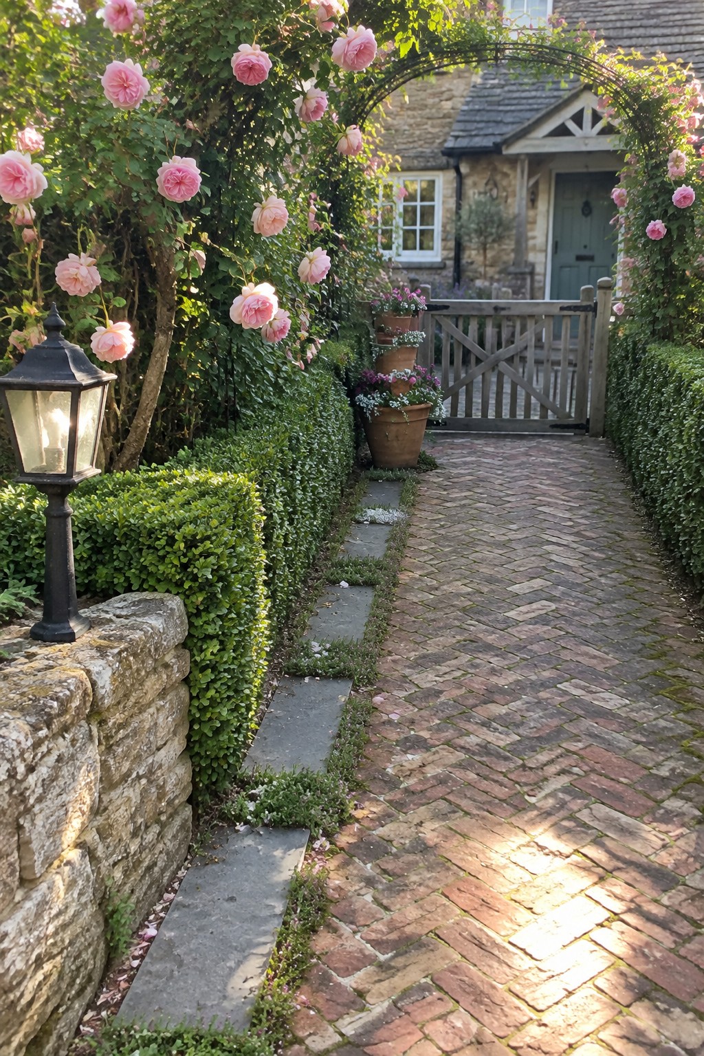 Brick walkway lined with pink roses arching to wooden gate and stone cottage