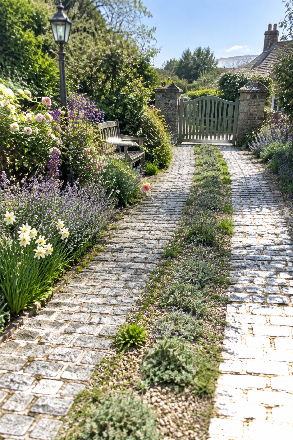 A cobblestone path with a central strip of low green plants leads to a wooden gate between stone pillars, flanked by colorful flower borders and a wooden bench.