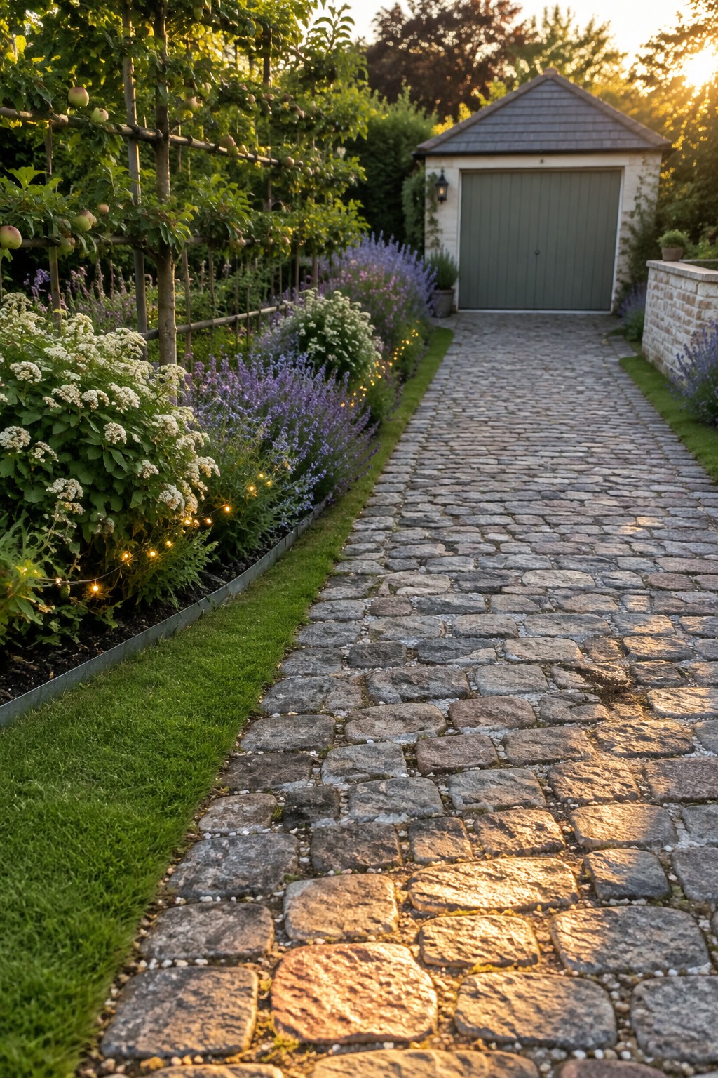 A cobblestone driveway lined on both sides with flowering garden borders leads toward a stone garage at sunset.
