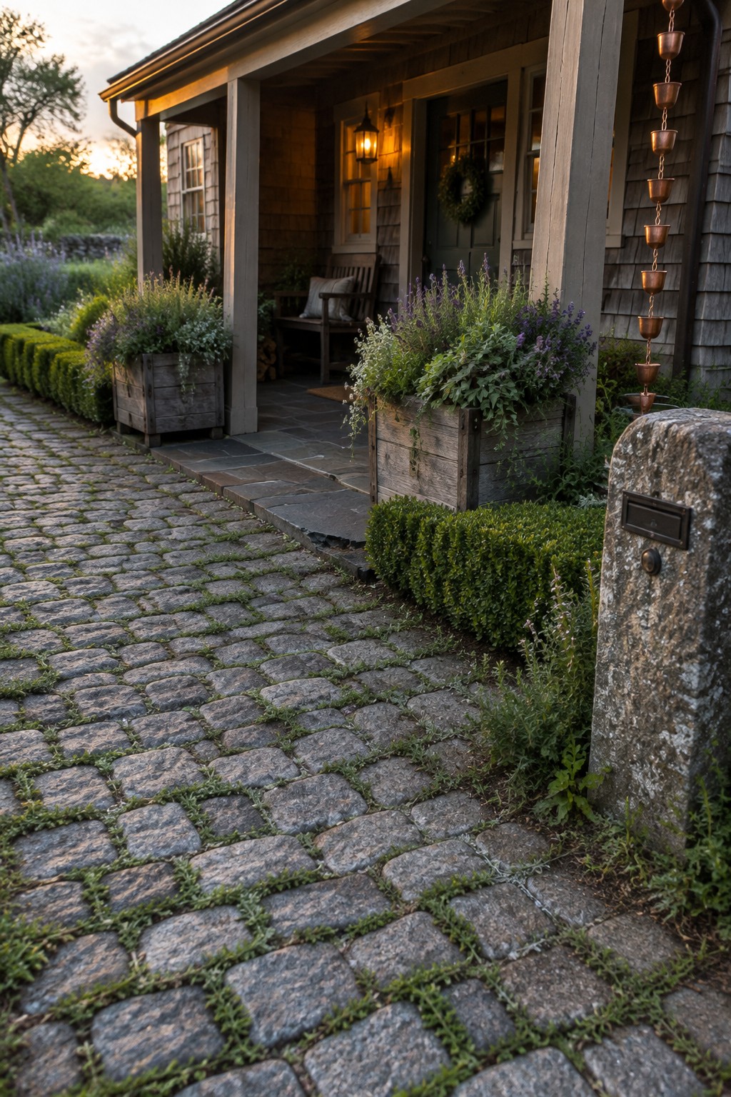 A cobblestone driveway with low plants growing between the stones, bordered by a wooden planter box and hedge leading to a cottage porch.