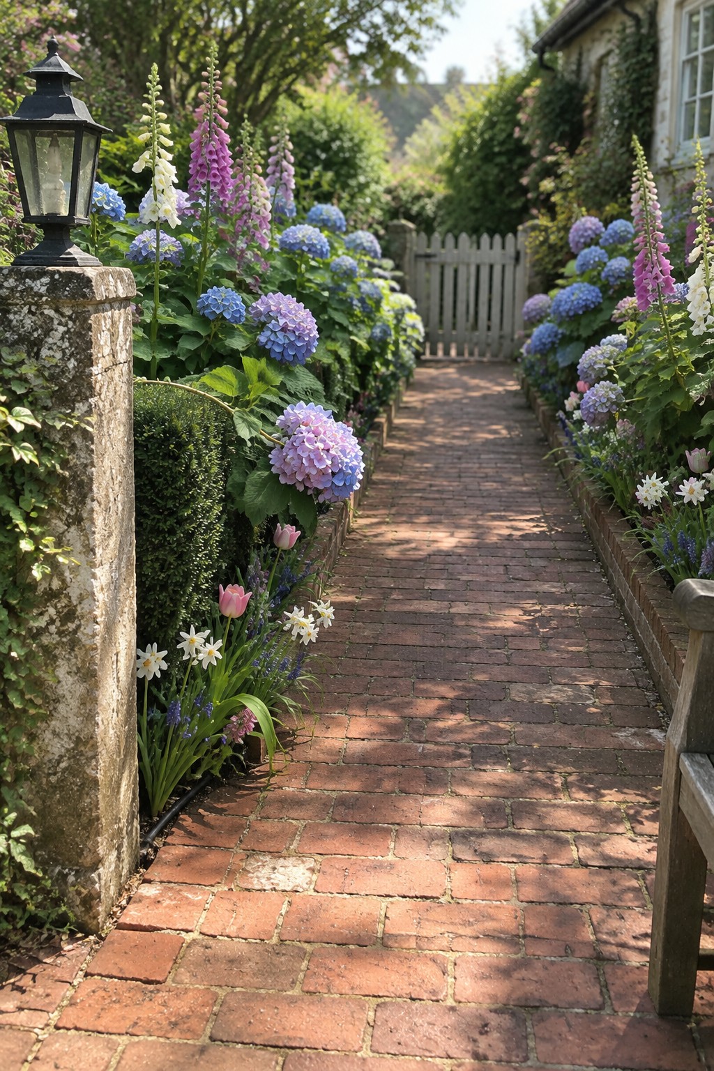 A narrow brick pathway bordered by blue and purple hydrangeas and tall pink and white foxgloves, leading toward a wooden gate next to a stone cottage wall.
