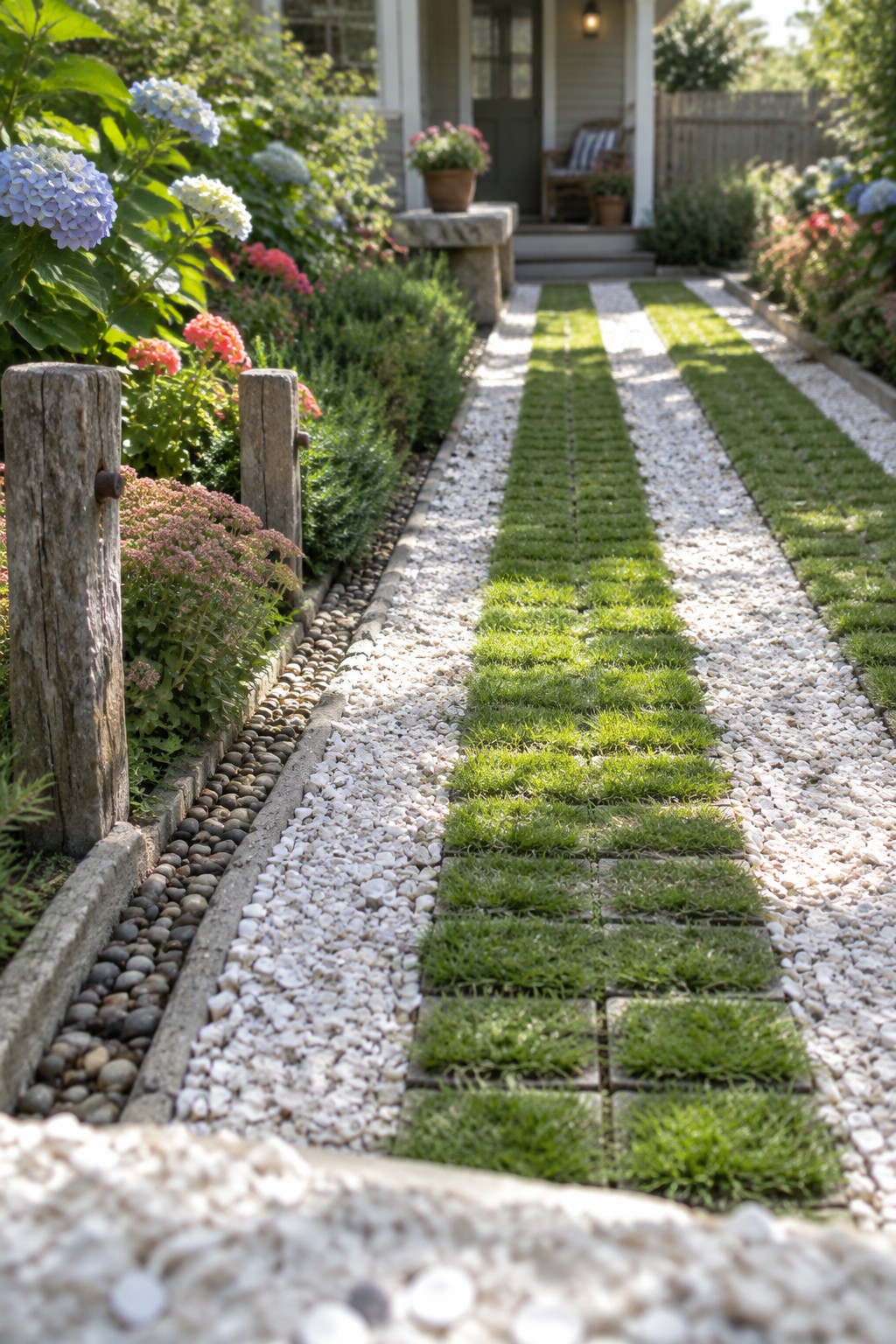 A gravel path with rectangular grass pavers running down the center, bordered by pebble beds, plants, and wooden posts leading toward a house porch.