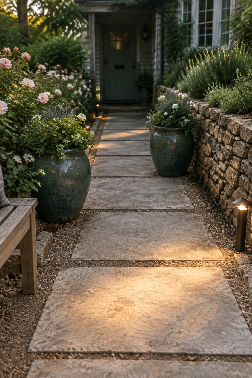 Stone pathway lined with potted plants and lights leading to green door at dusk