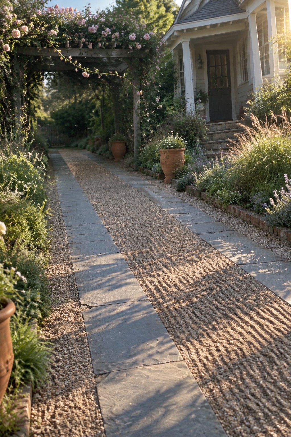 Stone path lined with flowers under rose-covered pergola beside white house