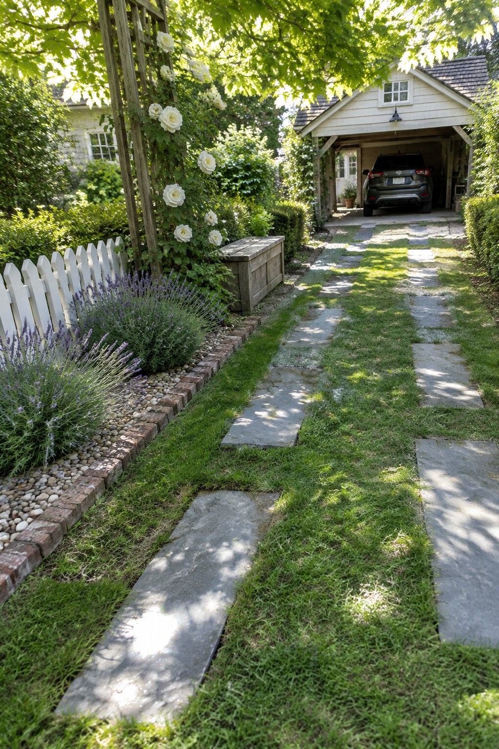 Stone path through garden with roses and lavender leads to SUV in garage