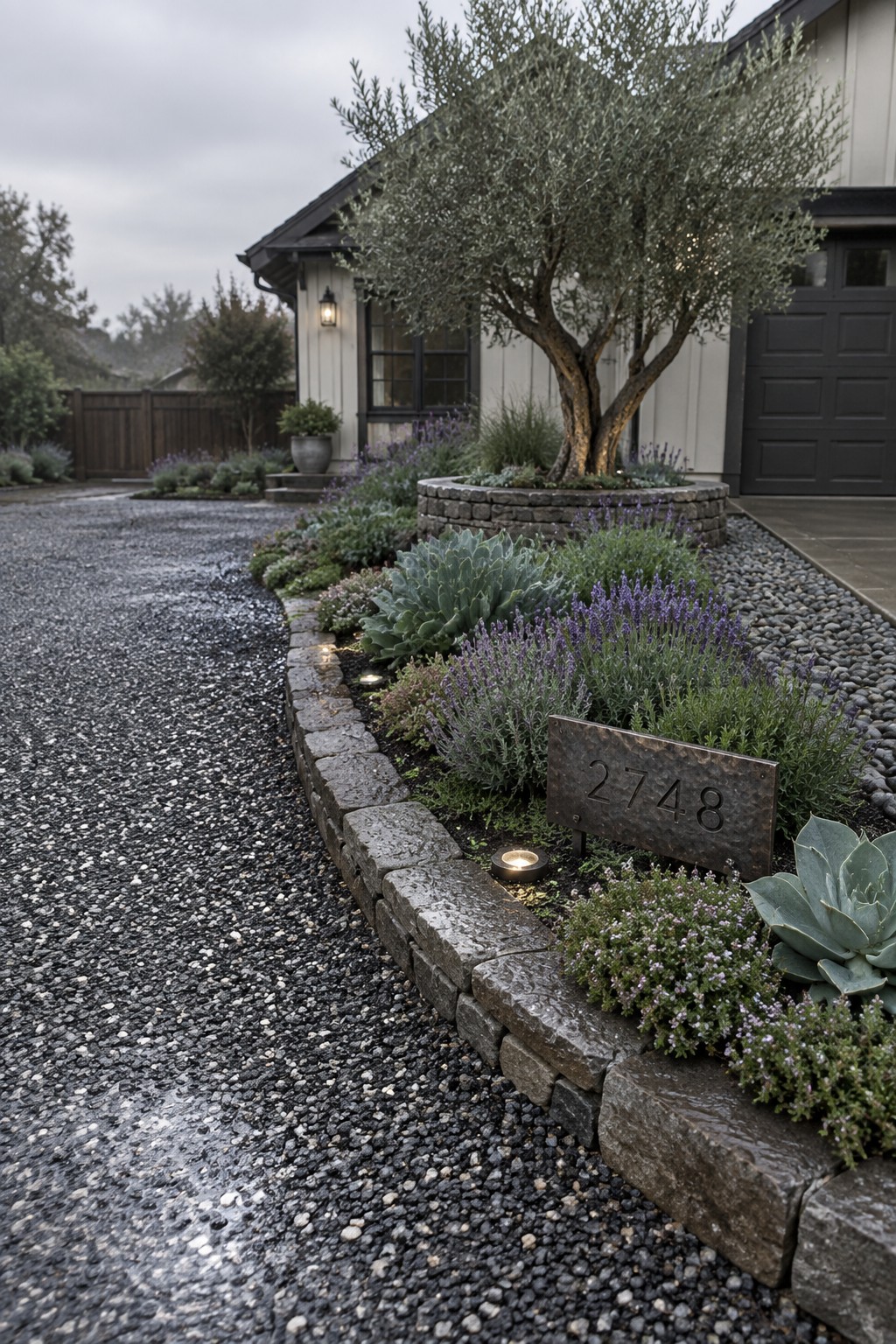 Stone-edged garden with lavender, succulents, olive tree beside wet gravel driveway and 2748 sign