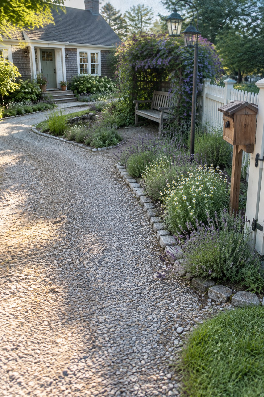 A gravel driveway curves beside a shingled cottage, lined with low stone edging and bordered by flowering garden beds including lavender and daisies.