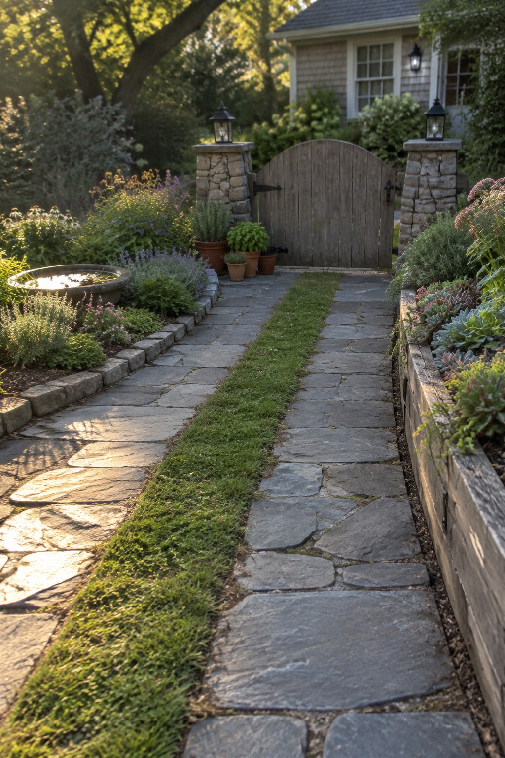 Sunlit stone path leads through lush garden to wooden gate with lanterns.