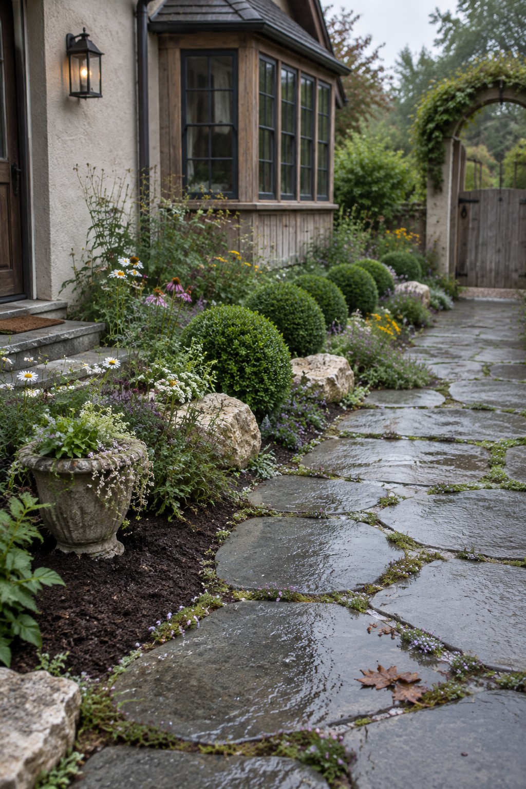 A wet irregular stone pathway with moss and small plants growing between the pavers borders a cottage garden bed with flowers, shrubs, and rocks.