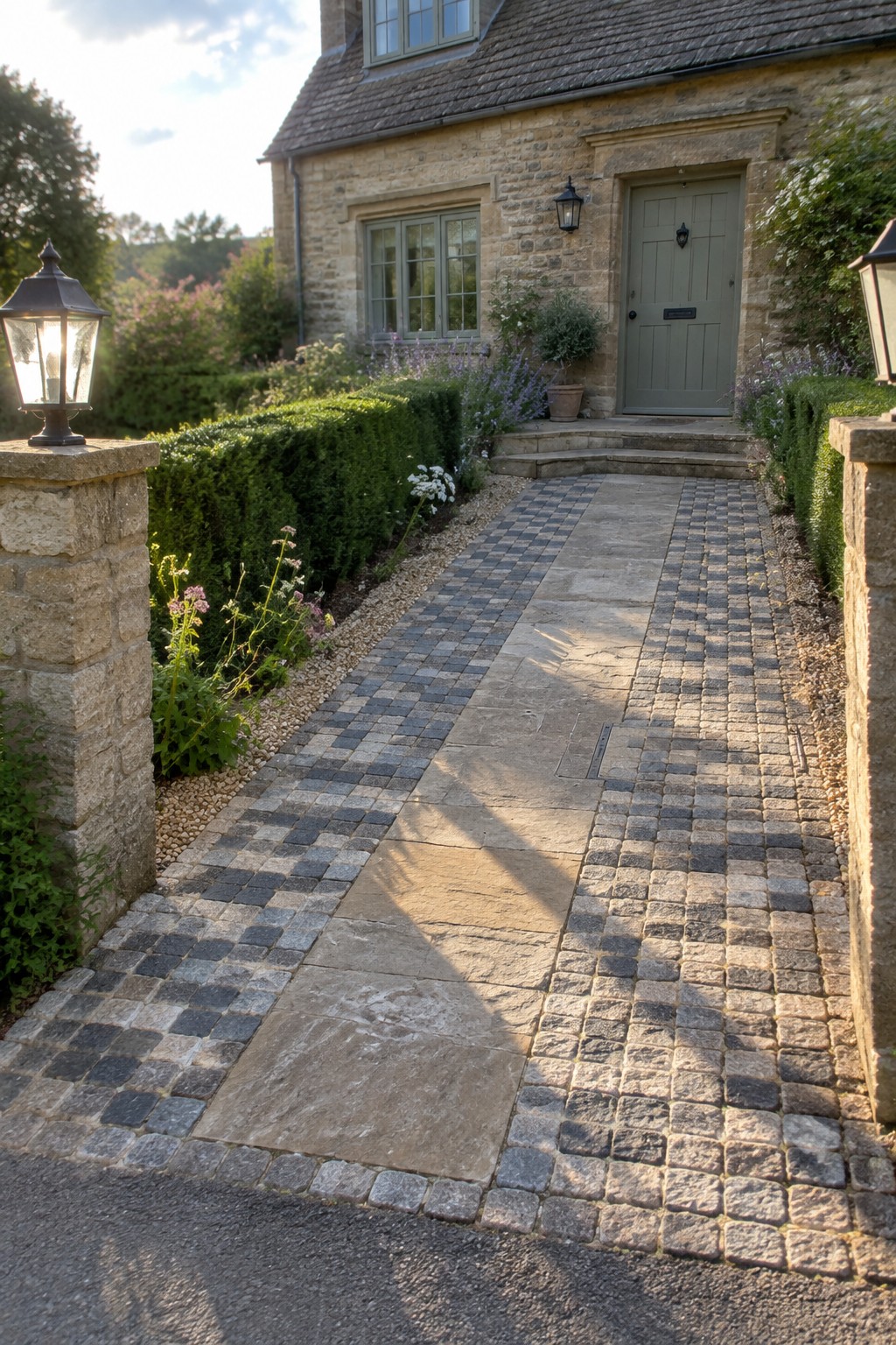 A narrow stone driveway with large beige slabs in the center, bordered by strips of smaller multicolored pavers, leads to a stone house entrance with a green door and garden beds on both sides.