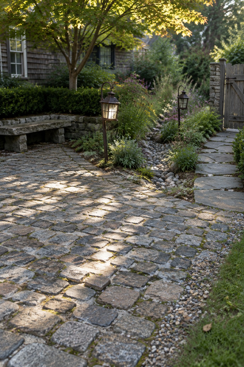 A cobblestone driveway curves past stone lanterns and garden beds toward a wooden gate.