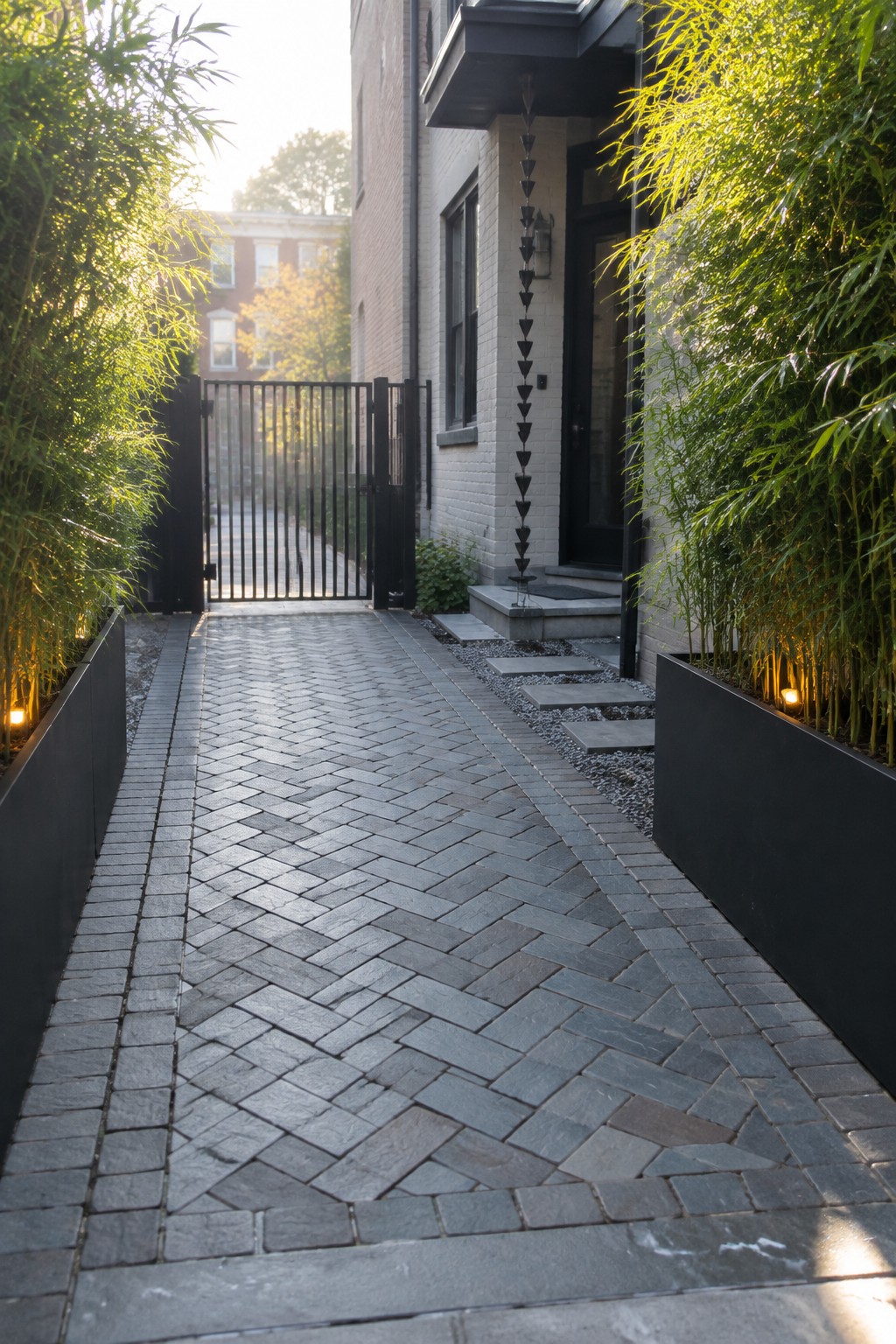 A narrow herringbone stone paver path runs between black metal planters toward a black gate and house entrance.
