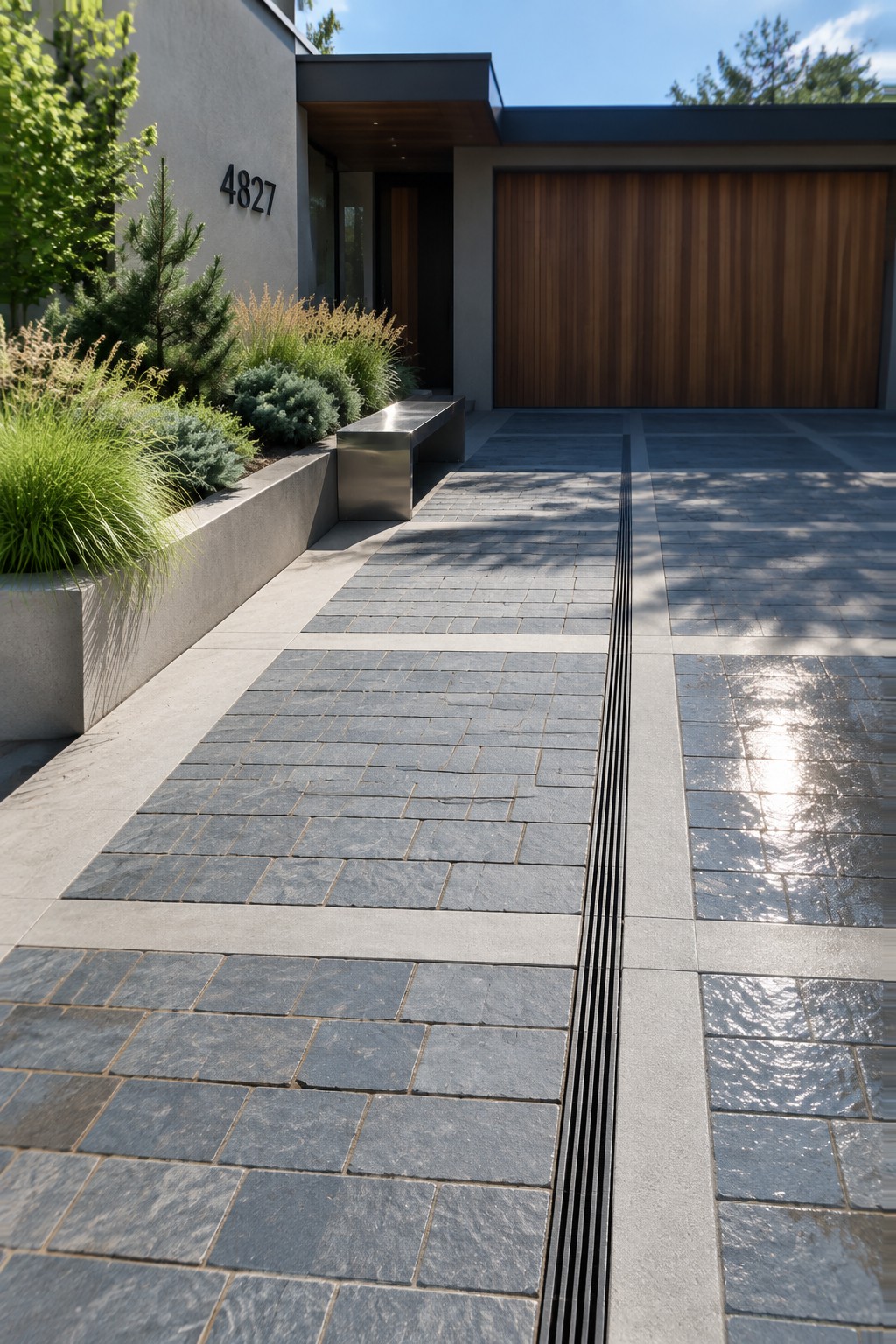 A modern house driveway paved with gray natural stone pavers, featuring a central linear metal drain running its length, with concrete borders and landscaping on the left side.