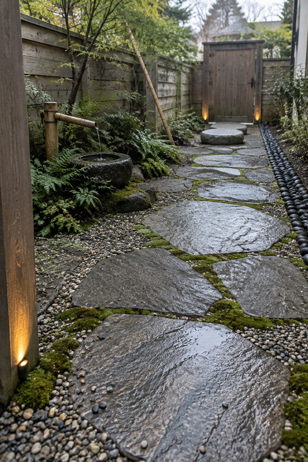 A narrow garden path made of large irregular gray stone pavers set in gravel and moss, with a bamboo water spout on the left and a wooden gate at the end.