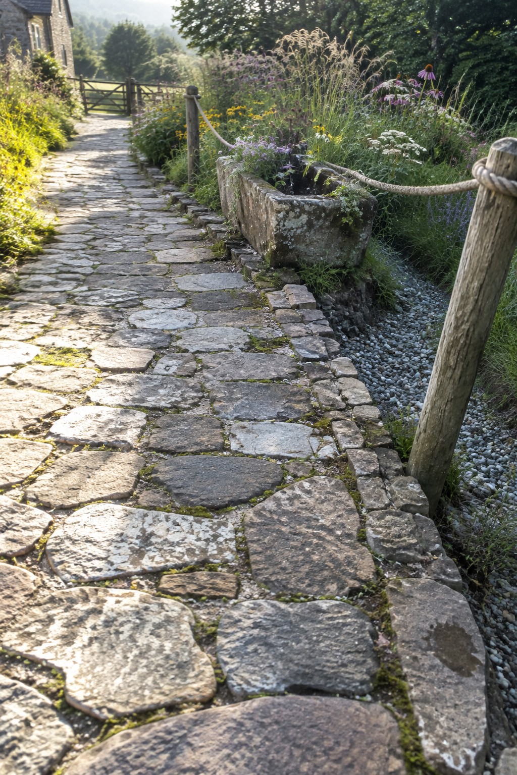 A narrow path of irregular gray stone pavers runs alongside a weathered stone trough planter, with gravel edging and wooden posts on the right.