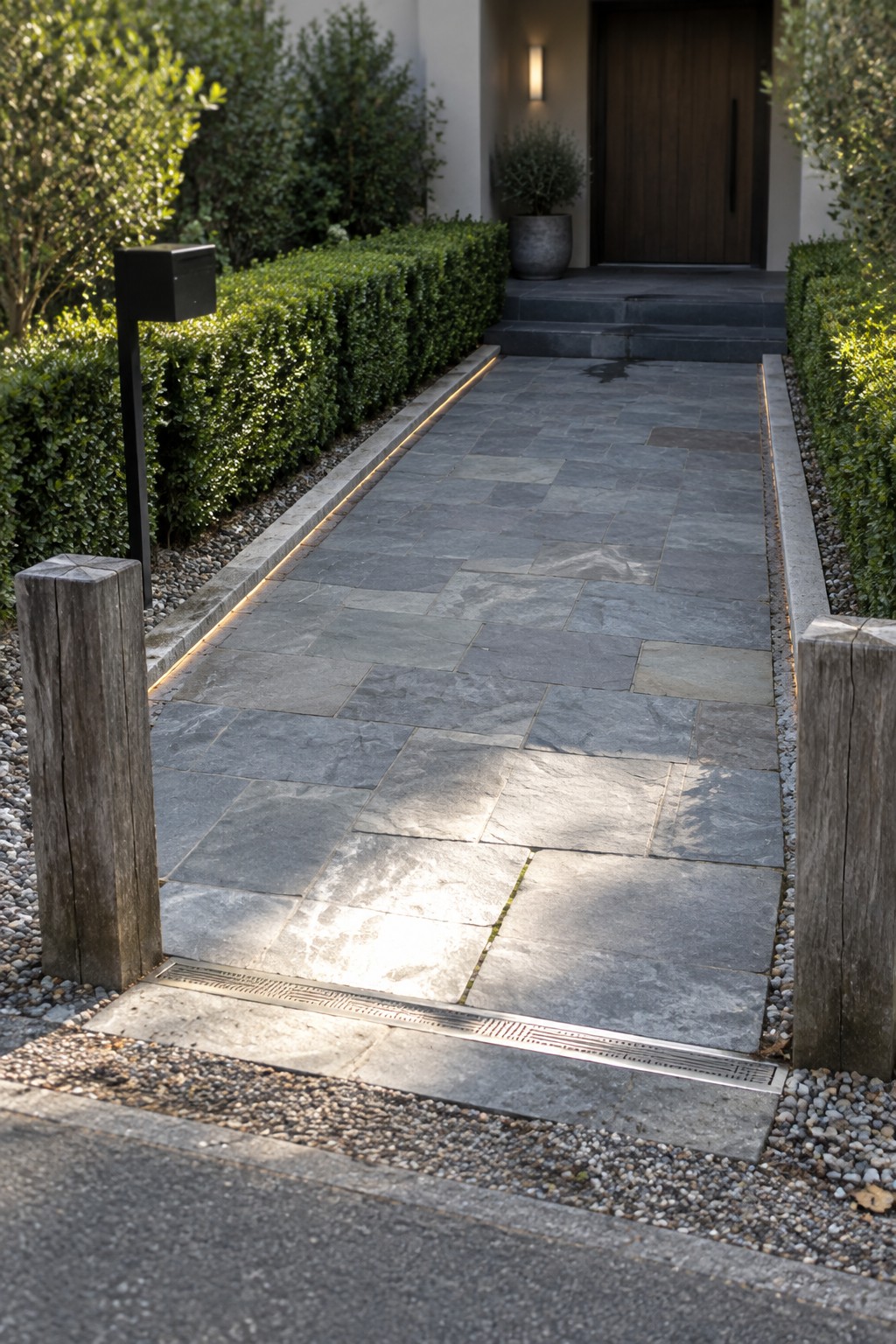 A narrow gray stone paver path with linear lights glowing along both edges, bordered by gravel and hedges, leading to a house entrance.