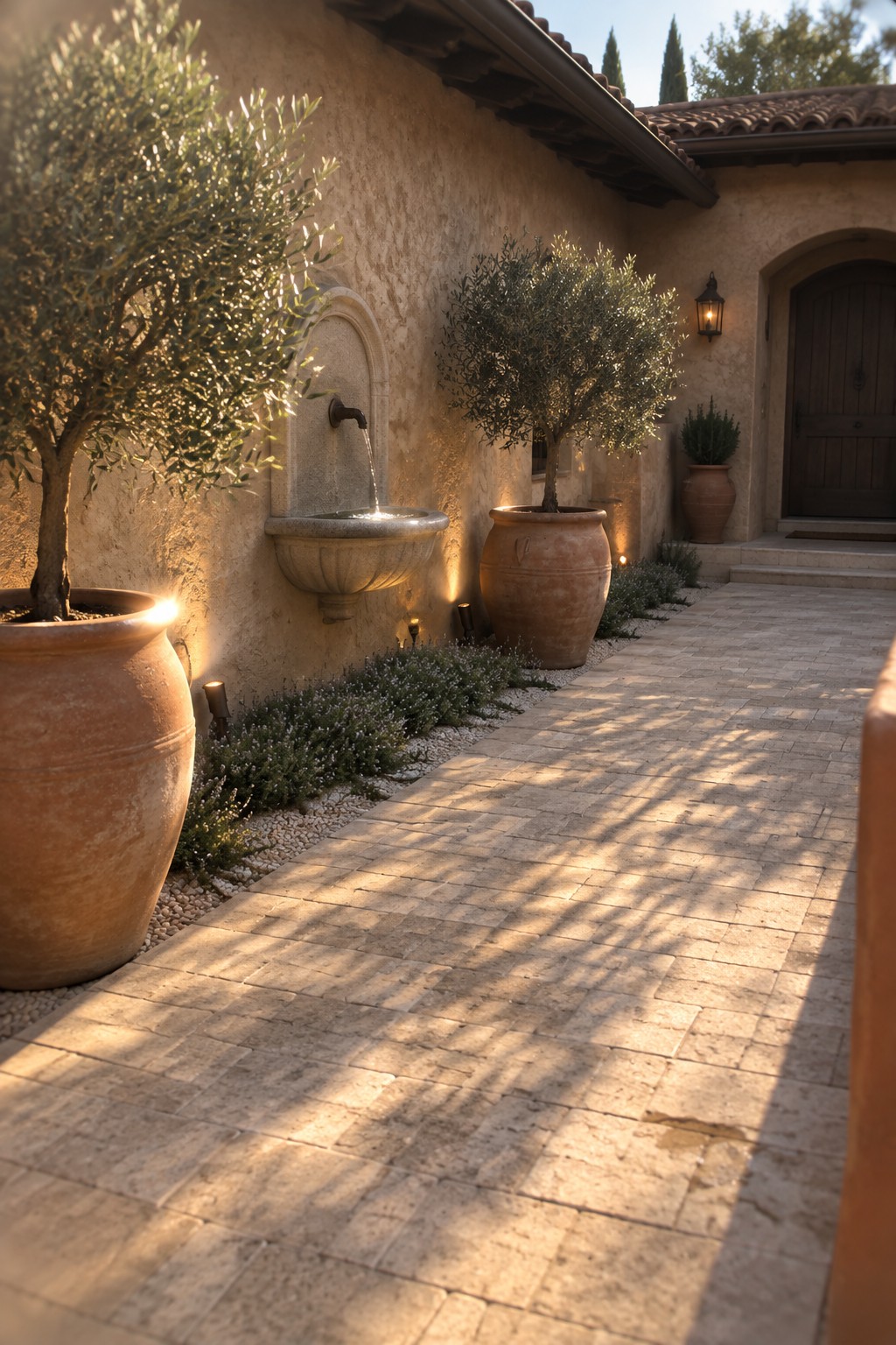 A stone paver pathway runs alongside a stucco house wall with a wall fountain, large terracotta pots holding olive trees, and low landscaping.