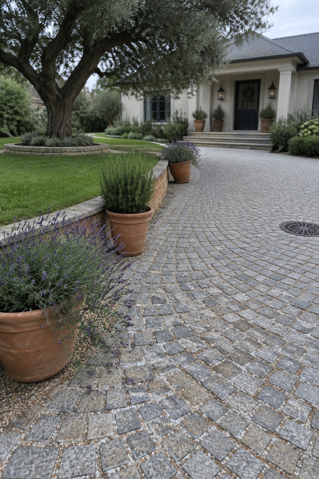 Cobblestone driveway lined with terracotta pots of blooming lavender near a tree and house