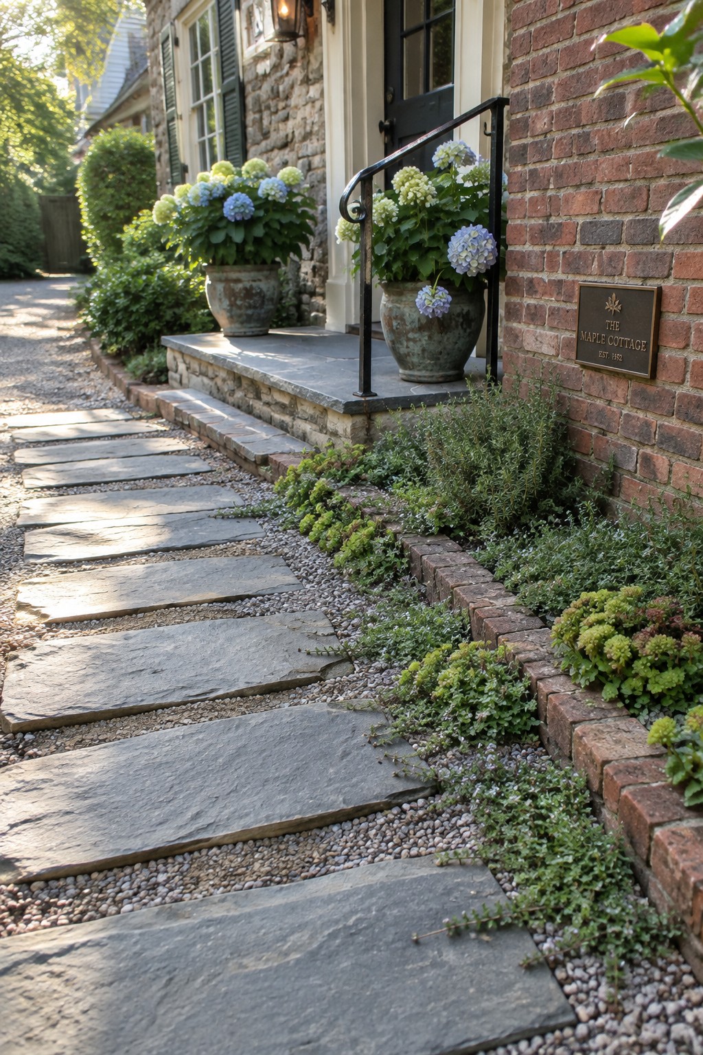 Stone path to cottage door with potted hydrangeas and brick wall plaque.