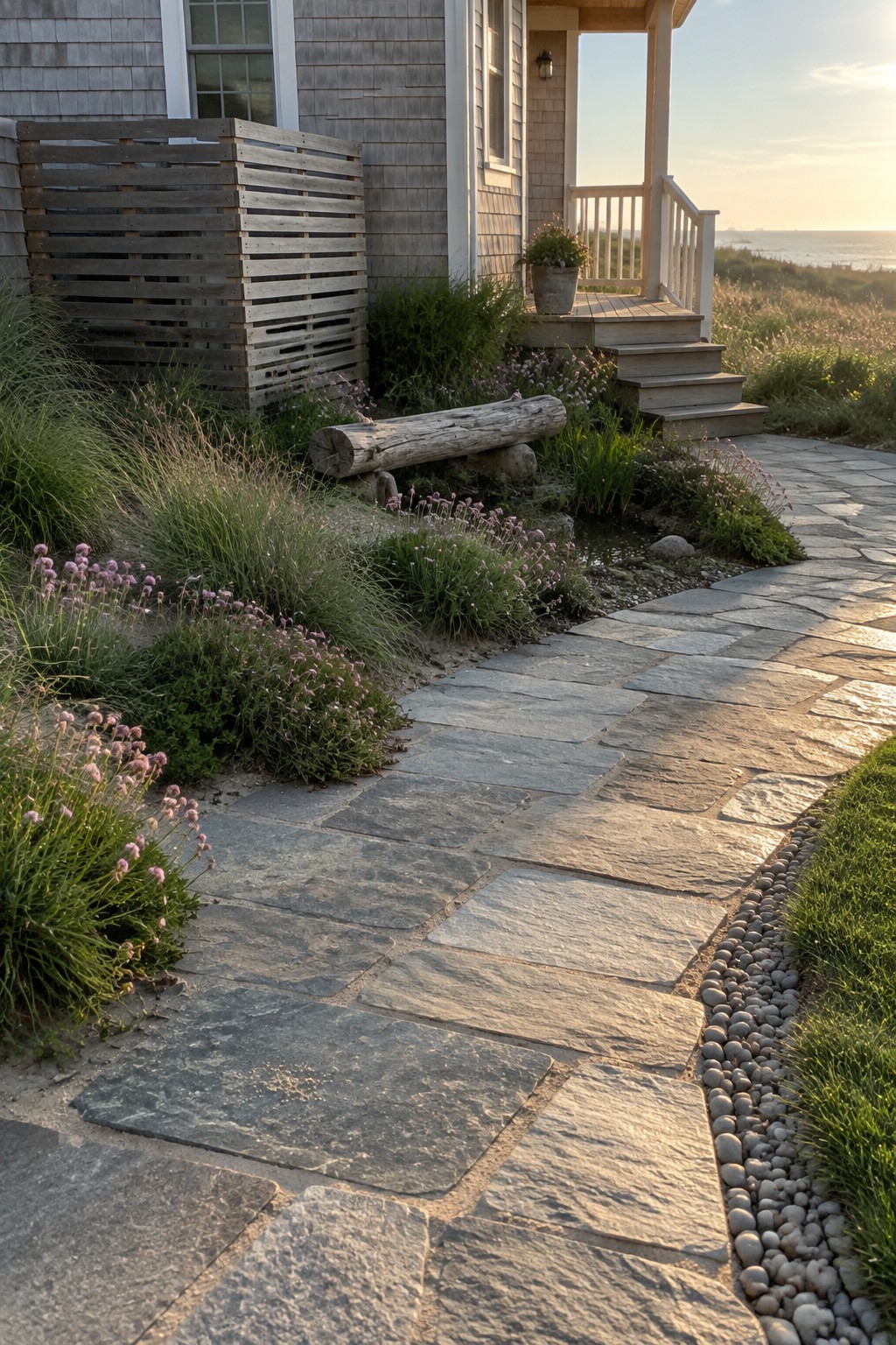 A winding path of large irregular gray stone pavers runs alongside a shingled house, bordered on one side by a strip of small round pebbles and low flowering plants.