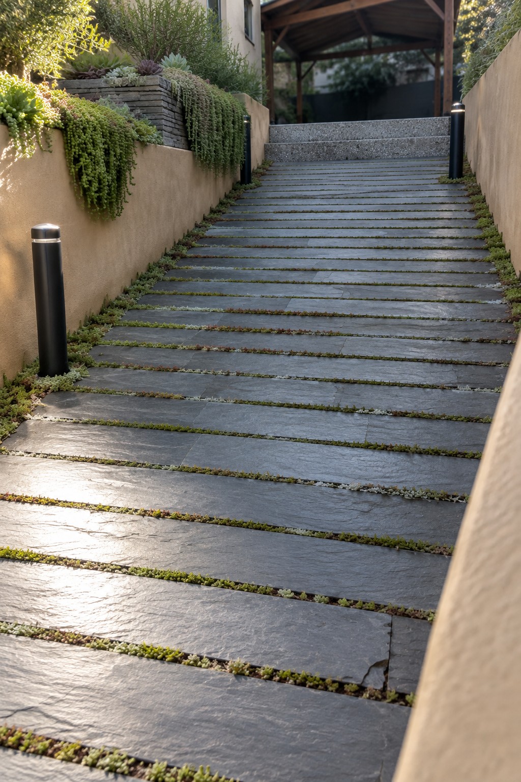A sloped stone paver pathway with small green plants growing in the joints between the dark slabs, flanked by beige walls and black bollard lights.