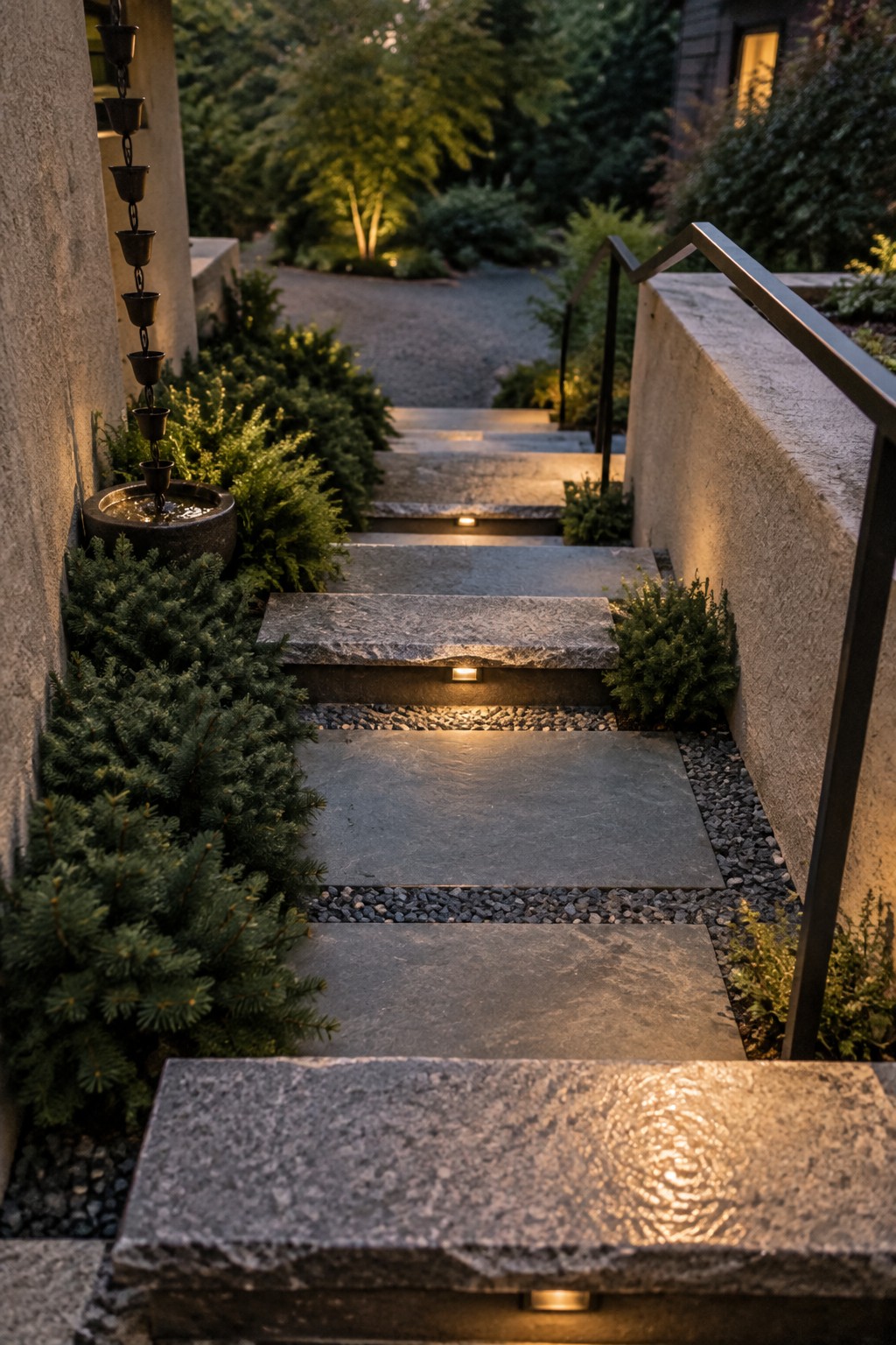 Outdoor stone steps with recessed lights built into the risers, bordered by gravel and low shrubs.