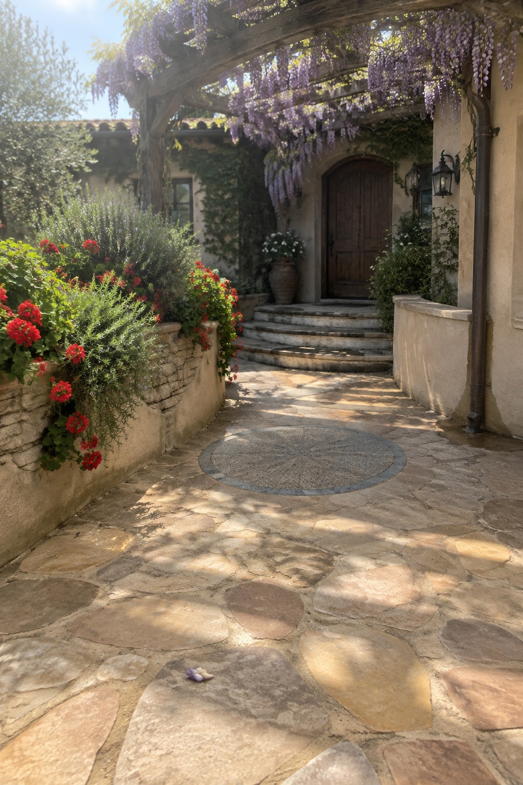 A flagstone pathway with a round decorative medallion inset leads to wooden double doors beneath a wisteria-covered pergola, bordered by low stone walls with red flowers.