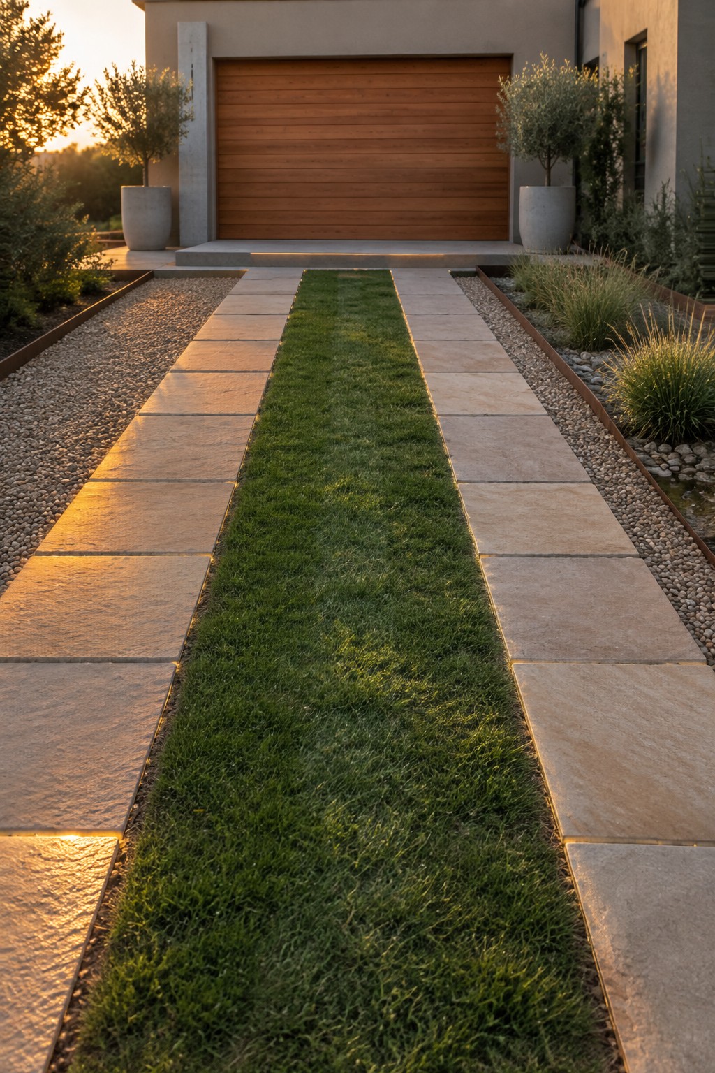A straight driveway of large rectangular stone pavers with a central grass strip, bordered by gravel beds and leading to a modern house with a wooden garage door.