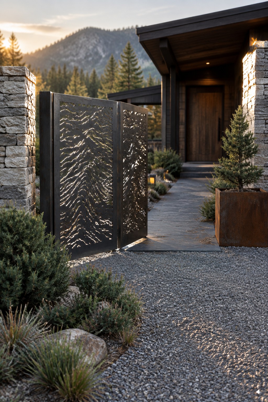 A dark metal driveway gate with mountain-shaped cutouts stands open between stone pillars at the entrance of a modern wood and stone house.