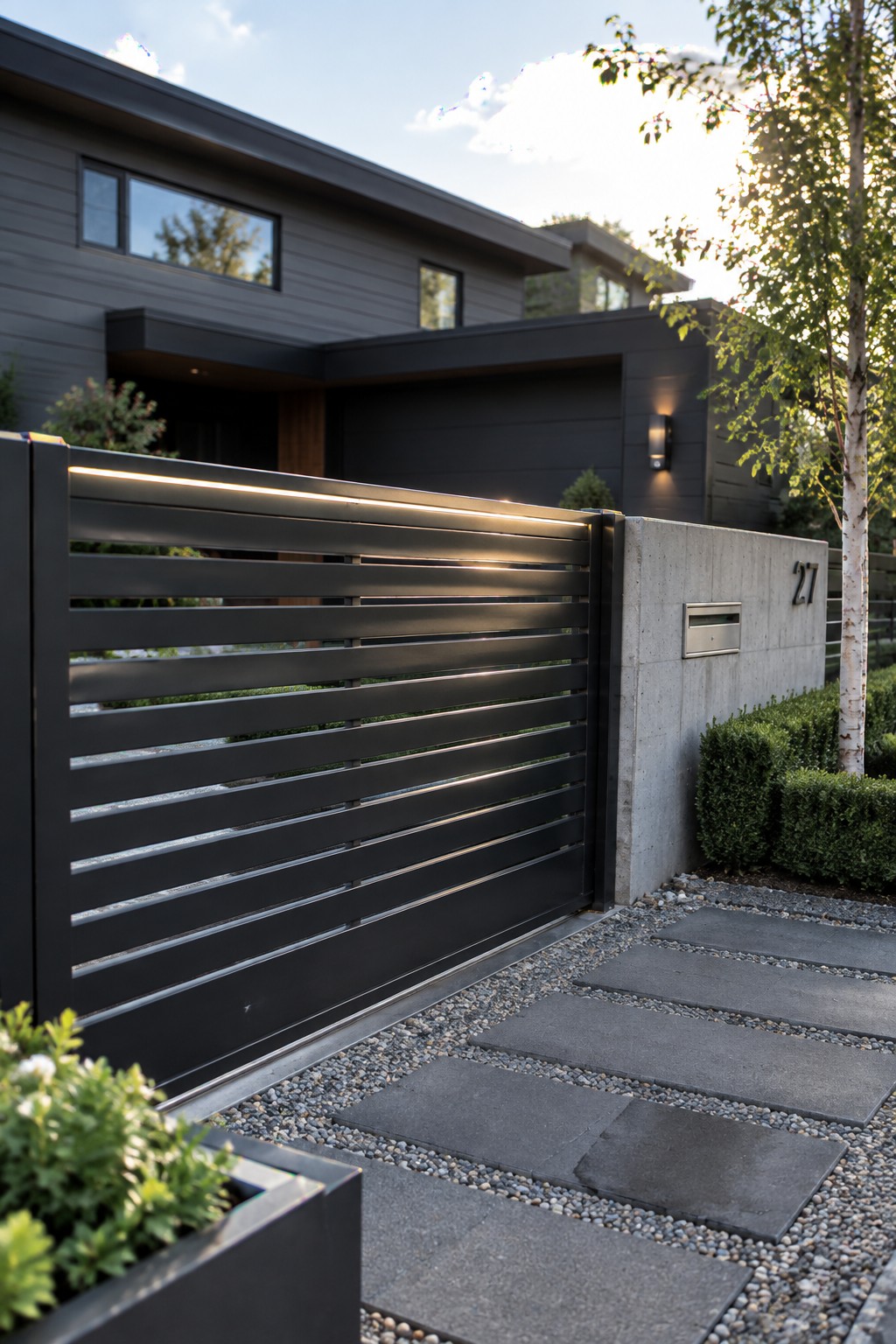 A modern dark house with a black horizontal aluminum slat driveway gate lit by an integrated LED strip, beside a concrete wall with a mailbox and house number, and a gravel and paver walkway.