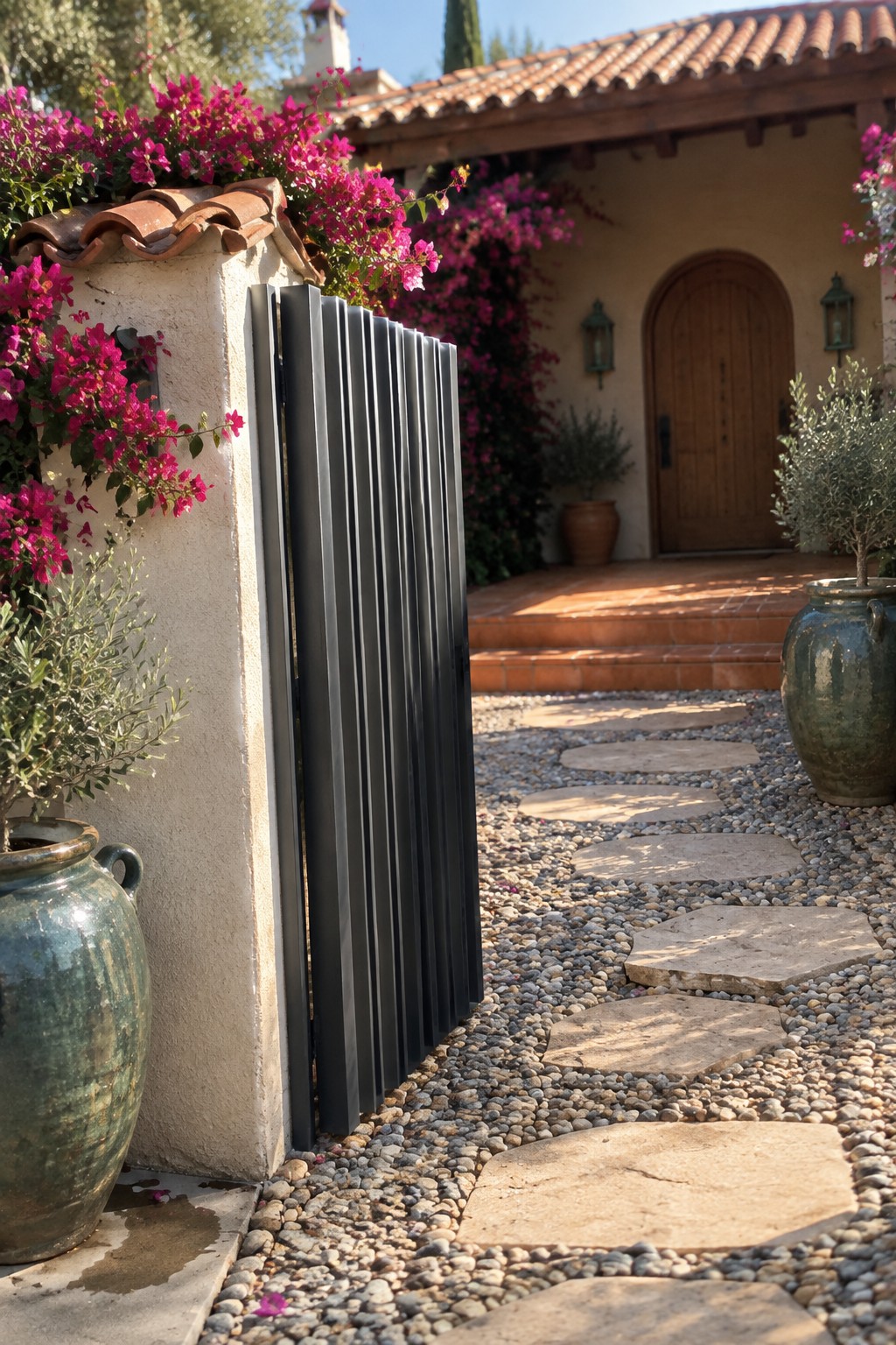 A black vertical aluminum slat gate is set into a stucco wall beside a gravel path with stone stepping stones leading toward a house with a wooden door.
