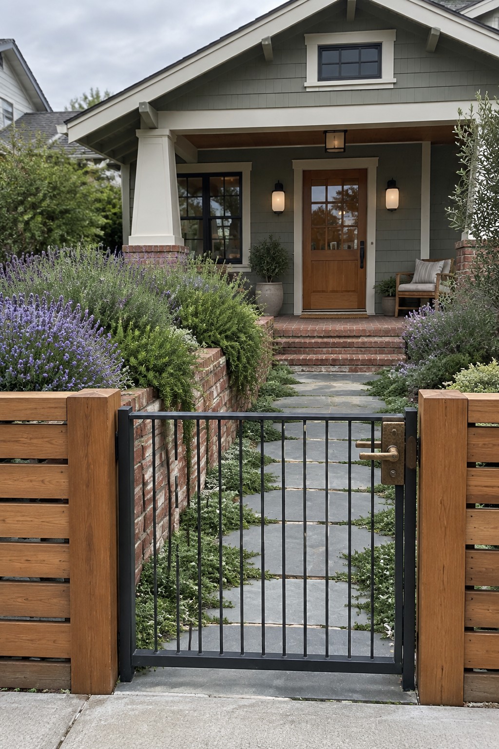 A black metal gate with vertical bars stands between wooden fence posts at the front of a house, with a stone path and purple flowering plants visible beyond.