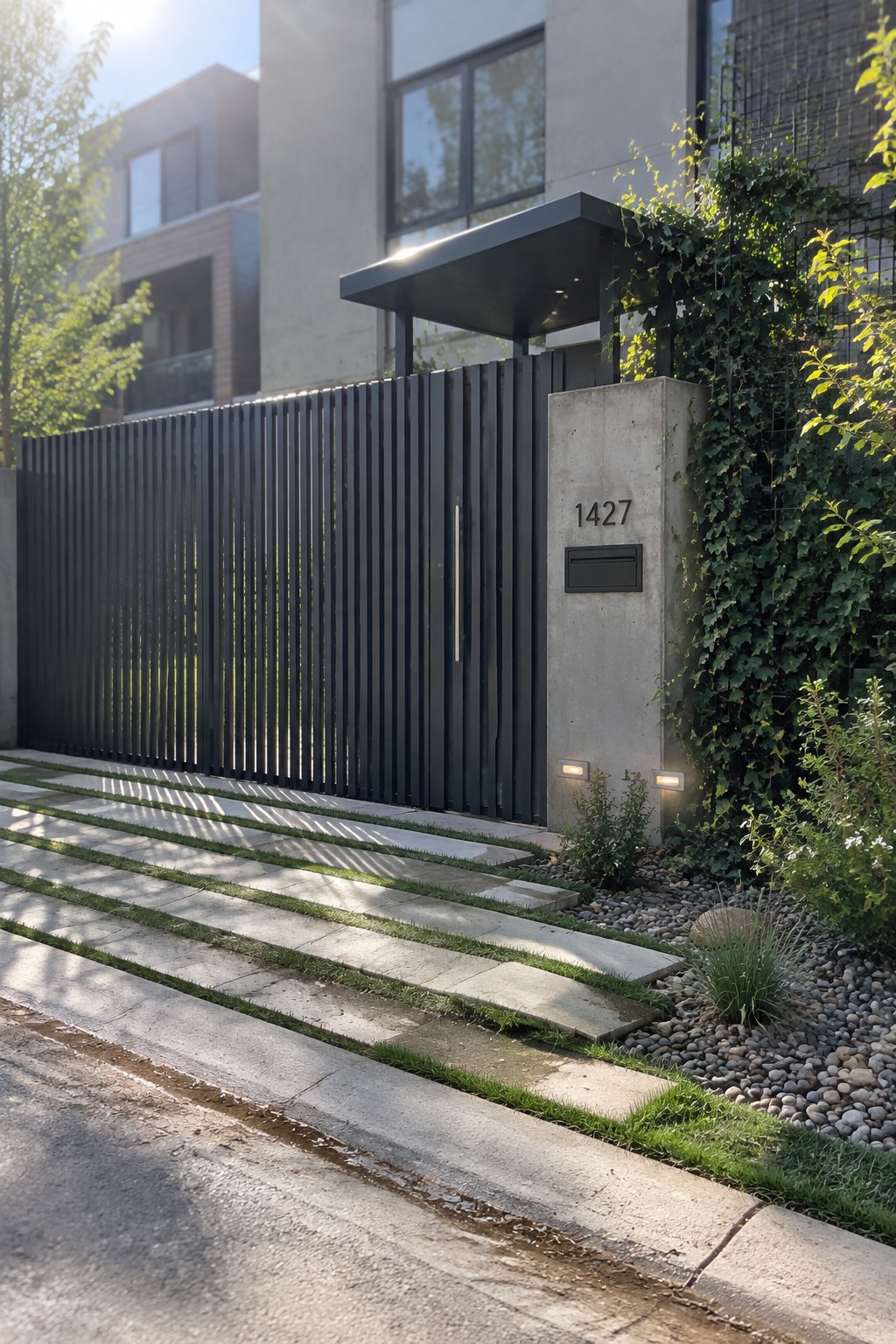 A modern black aluminum driveway gate with vertical slats beside a concrete pillar labeled 1427, with a stone pathway and gravel landscaping in front.
